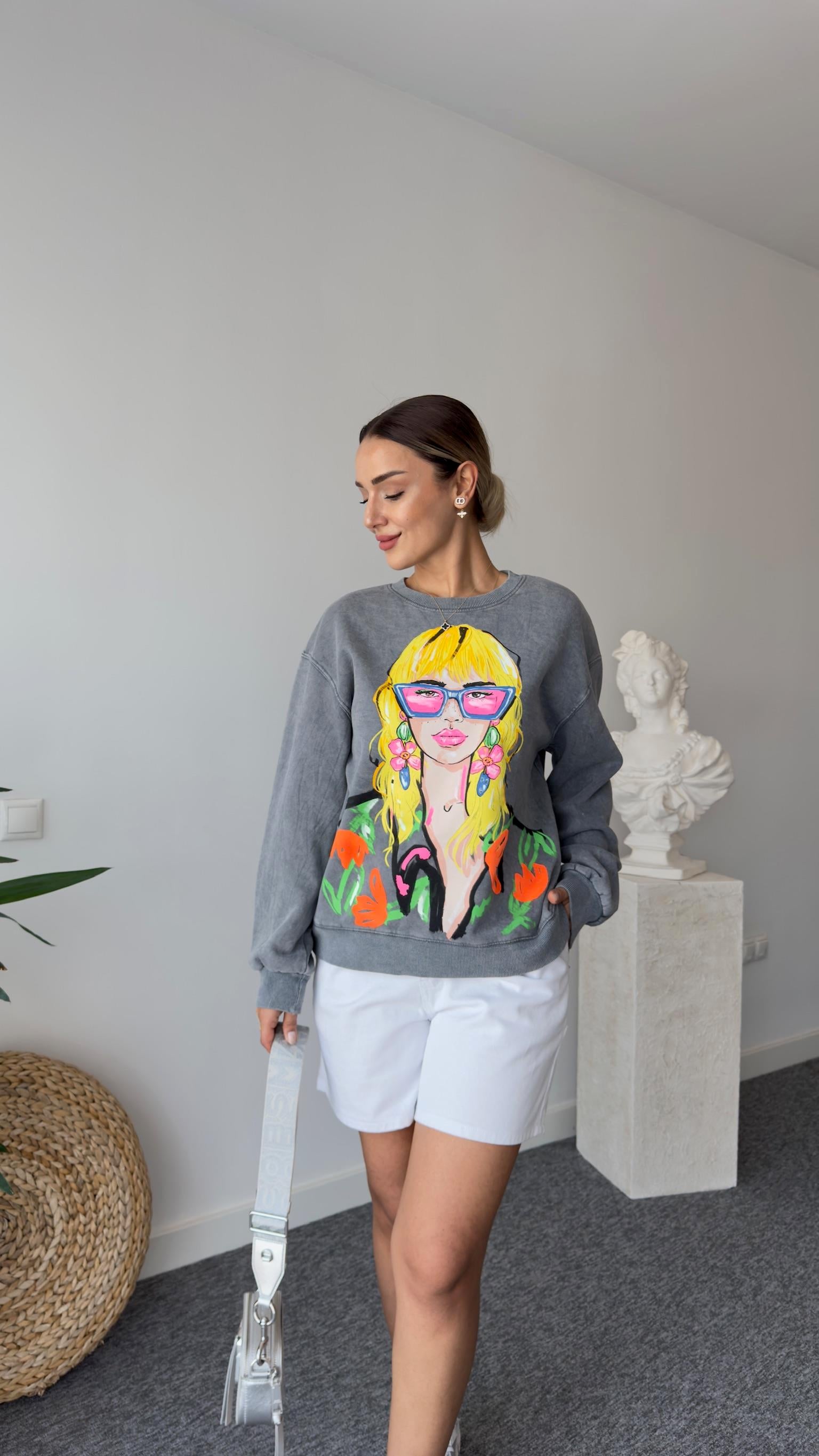 Kız Baskılı Orj Marka Gri Sweatshirt