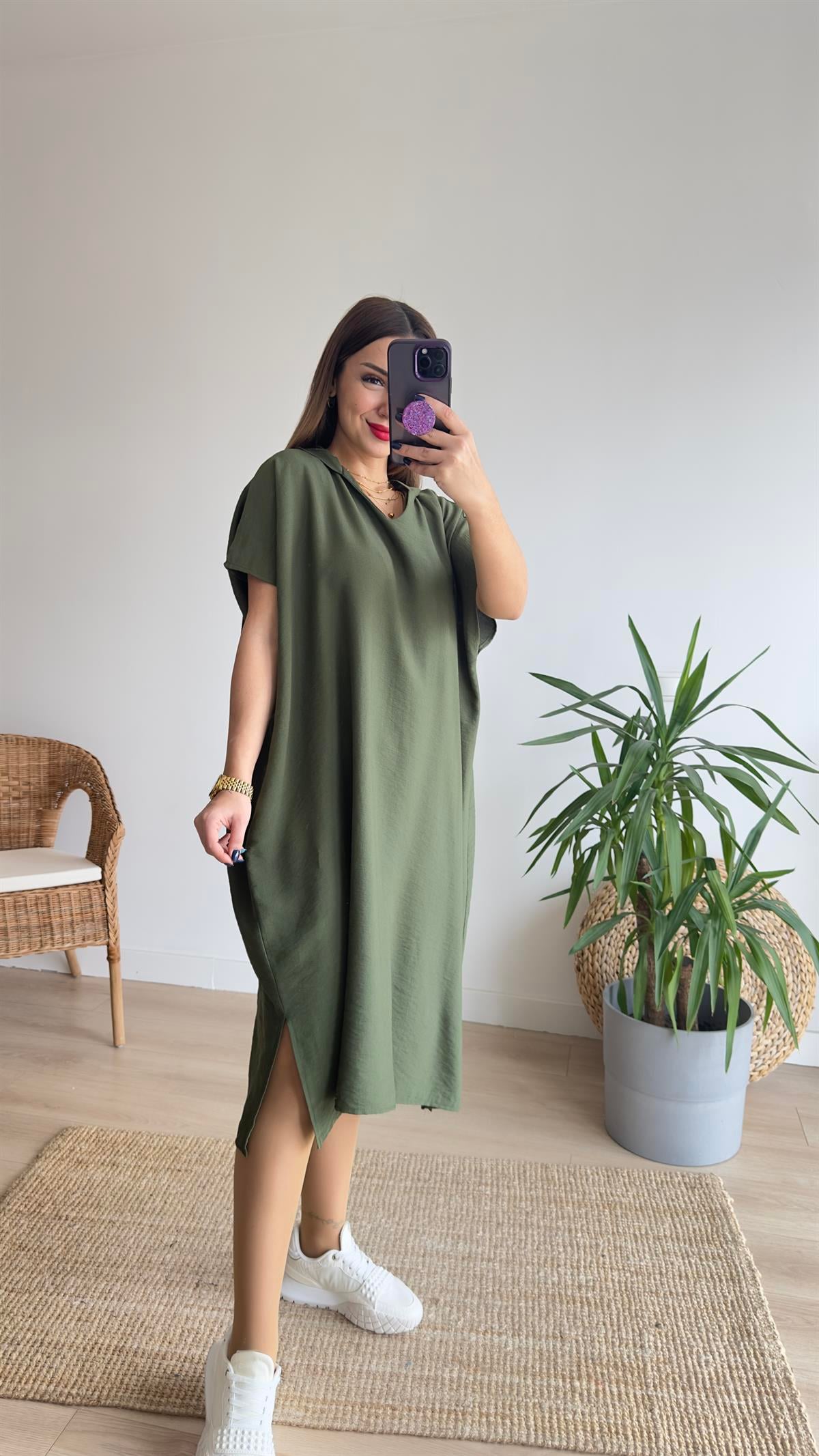 Oversize Haki Kapüşonlu Elbise 