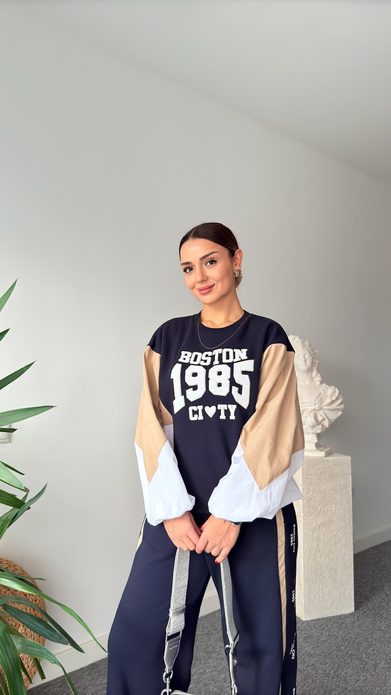 Boston Yazılı Poplin Garnili Sweatshirt