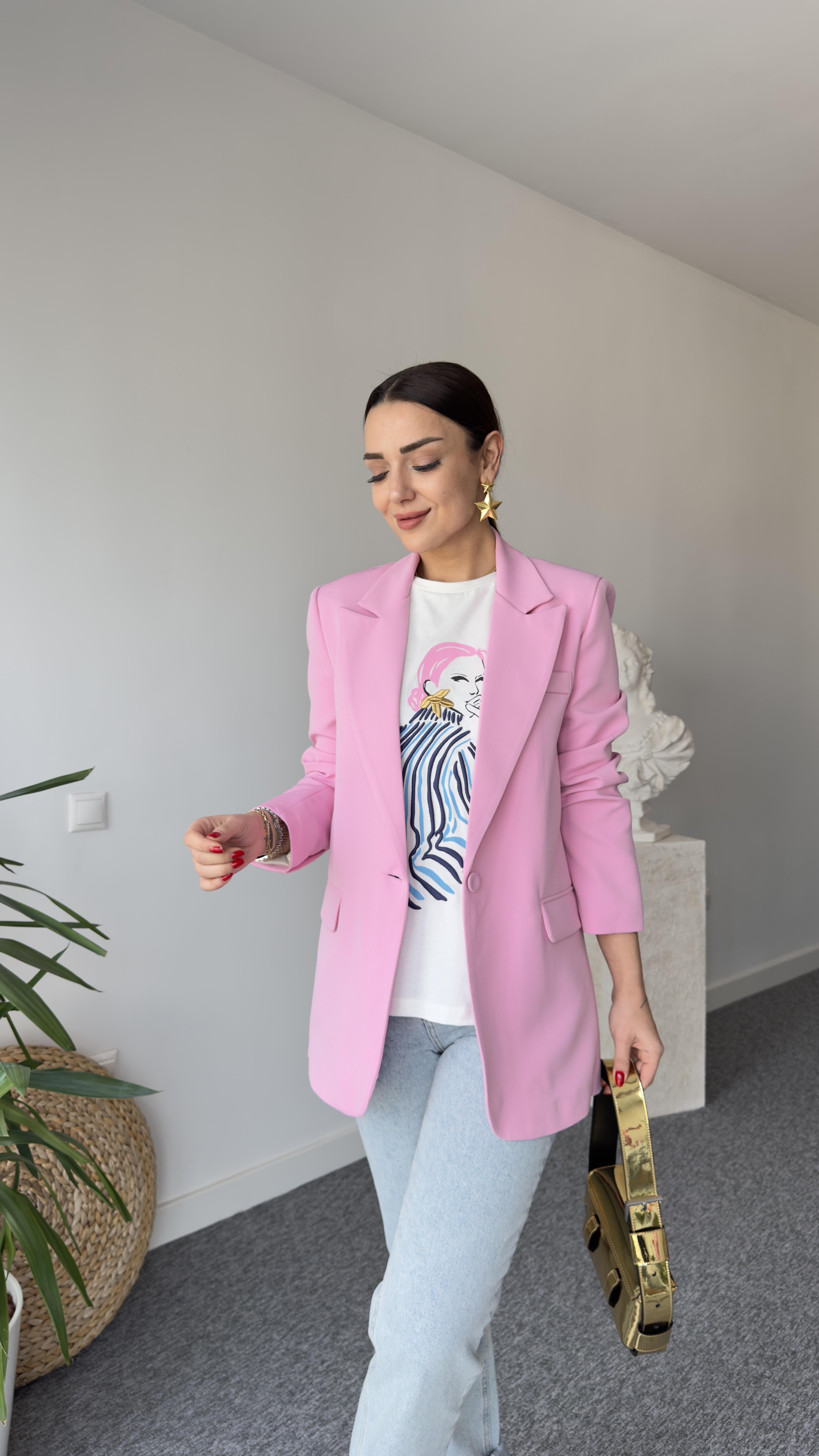 Tek Düğme Pembe Blazer Ceket
