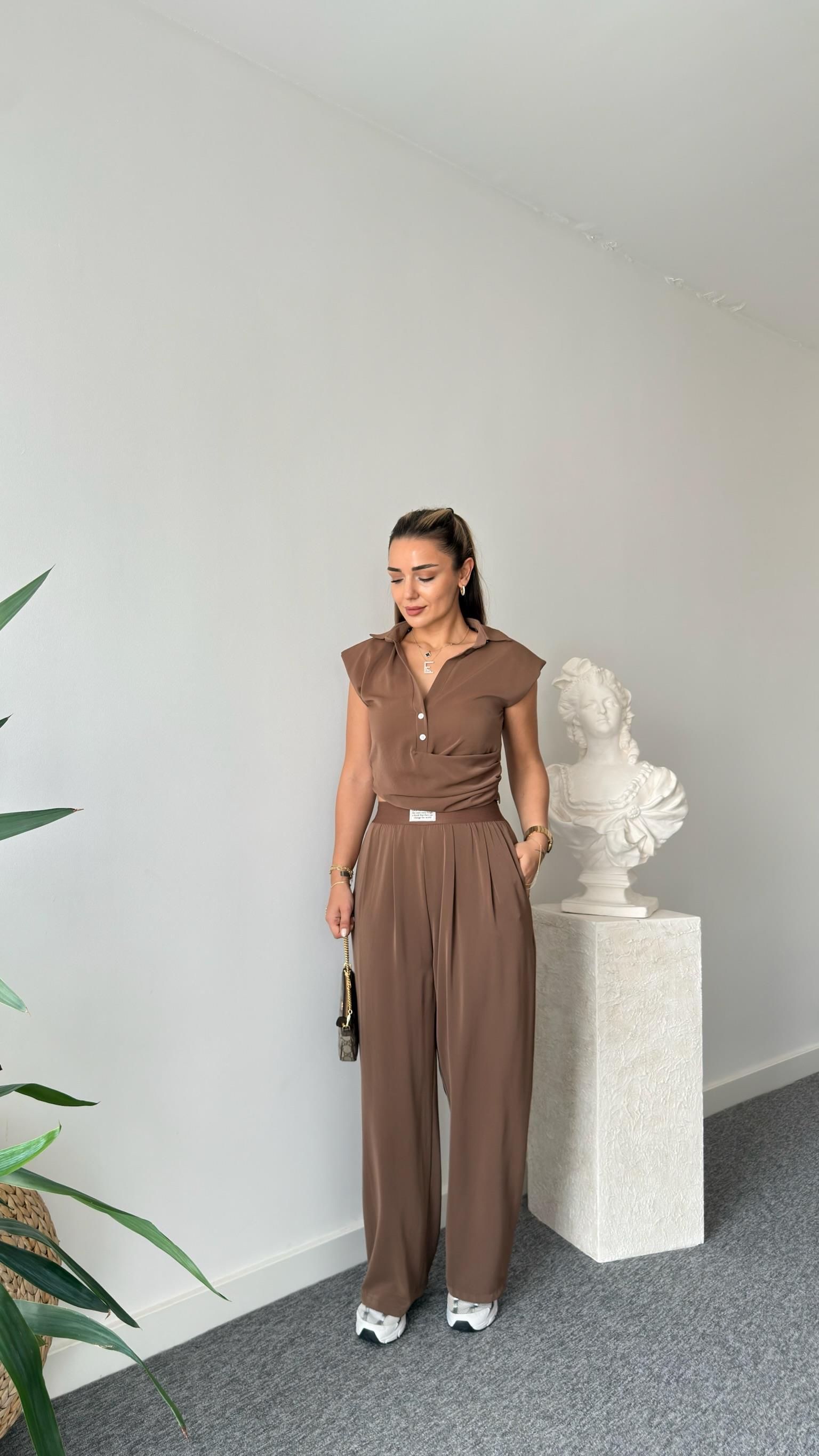 Kahve Fredi Yan Fermuarlı Bluz