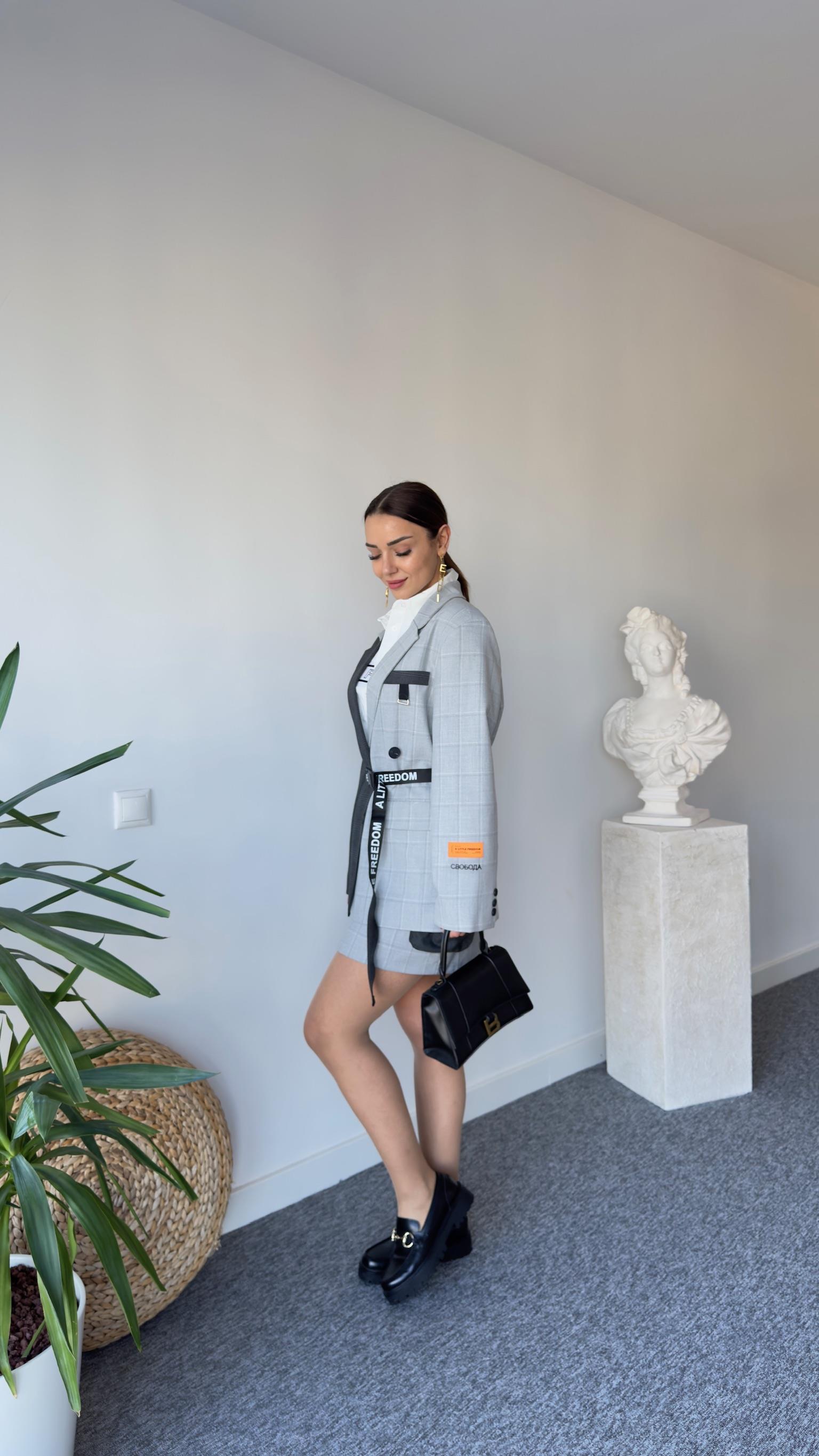 Premıum Kemerli Tasarım Ekose Blazer