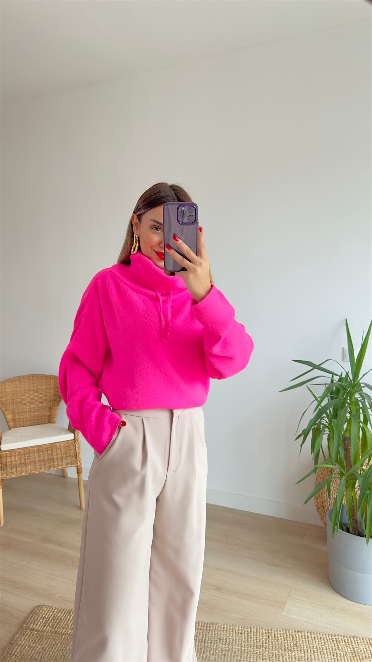 Boğazlı Basic Pembe Triko