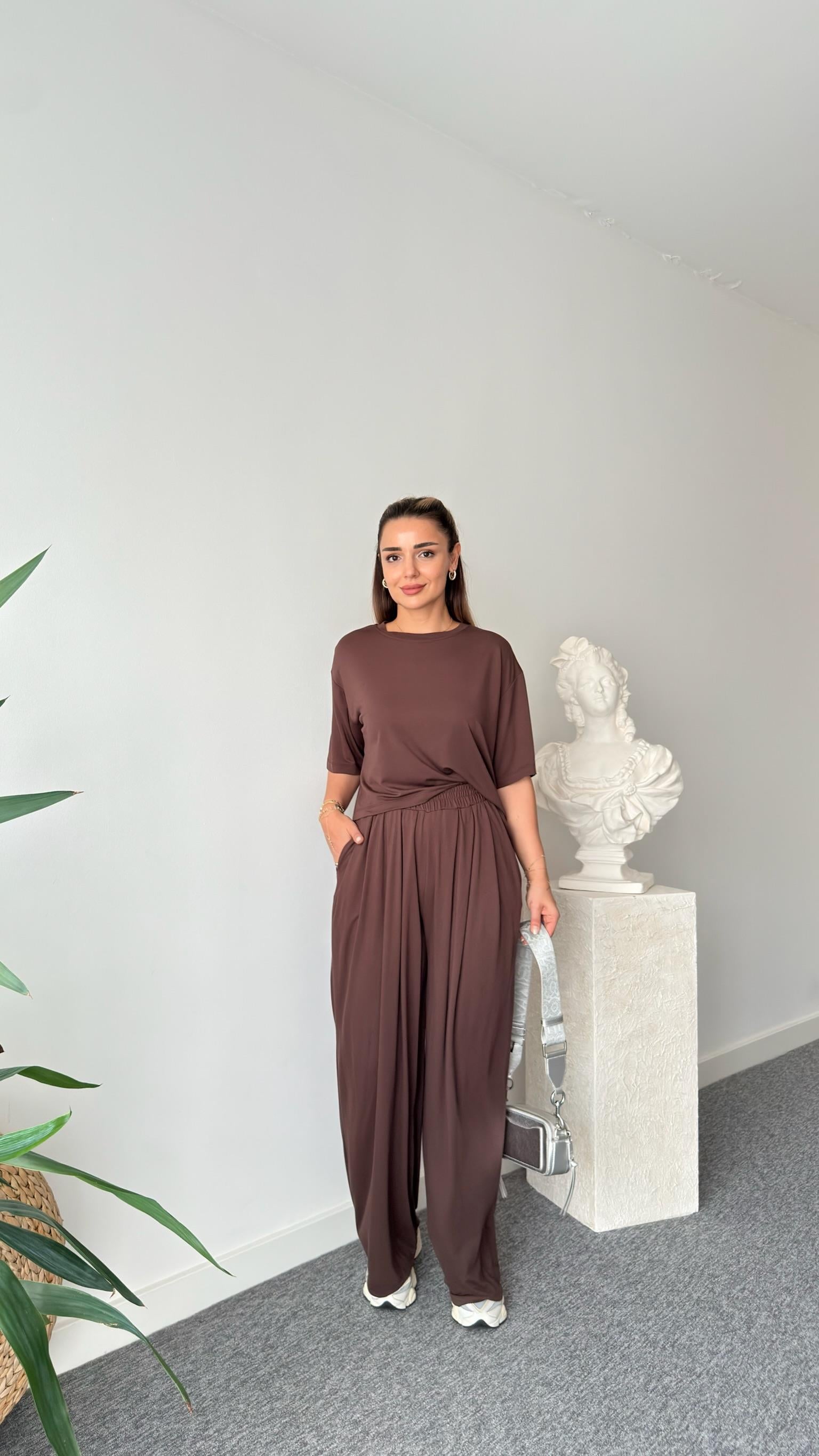 Kahve Gablit Pile Detaylı İkili Takım