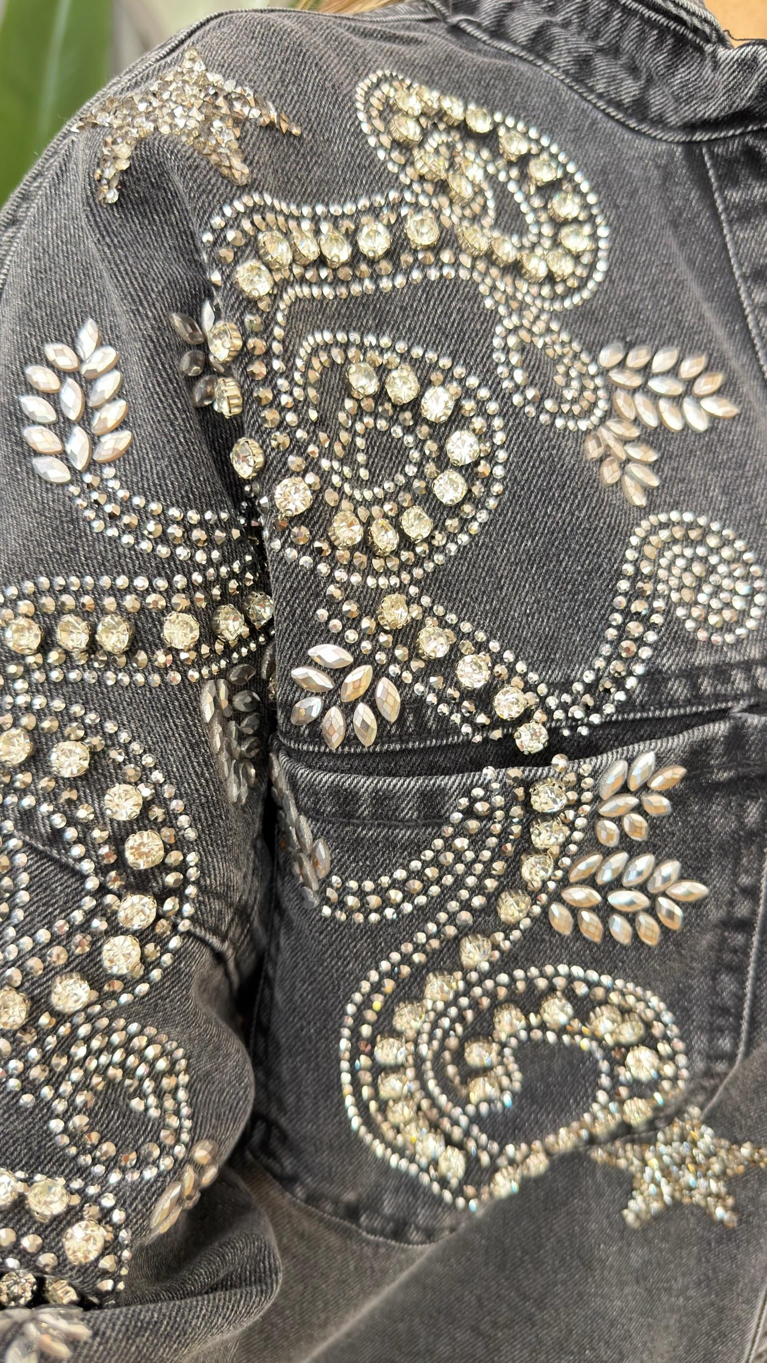 Antrasit Prela Taş Motif İşlemeli Kot Ceket 