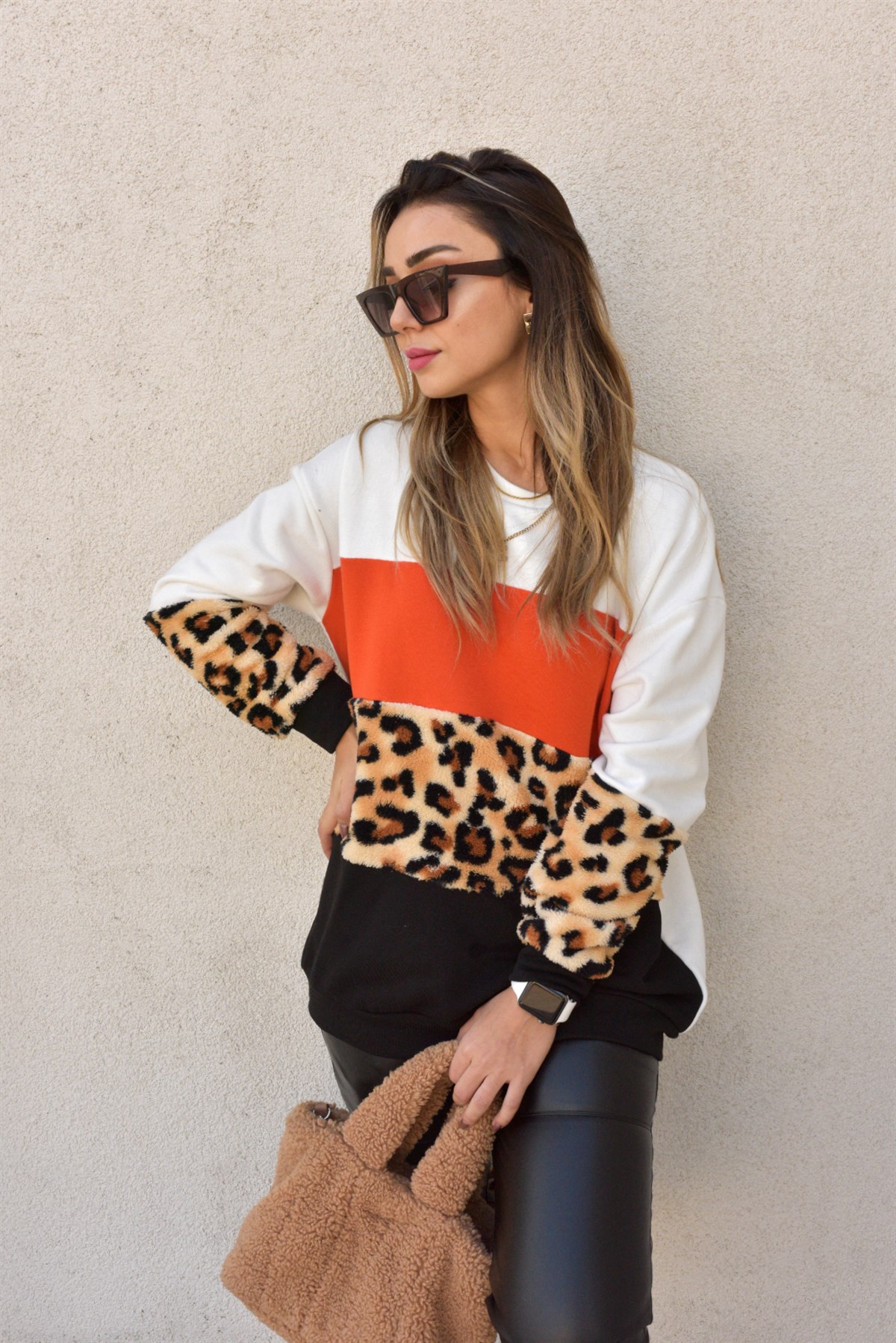 Peluş Leopar Detaylı Çok Renkli Sweat