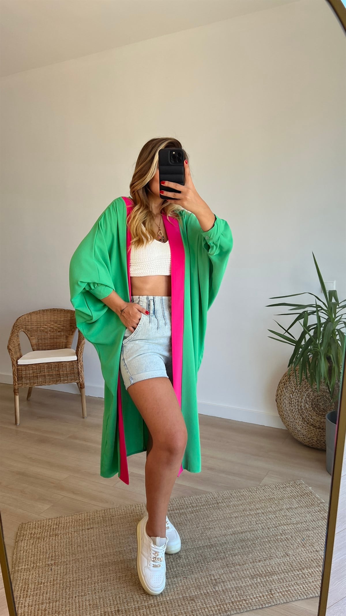 Yarasa Kol Oversize Yeşil Tasarım Tunik