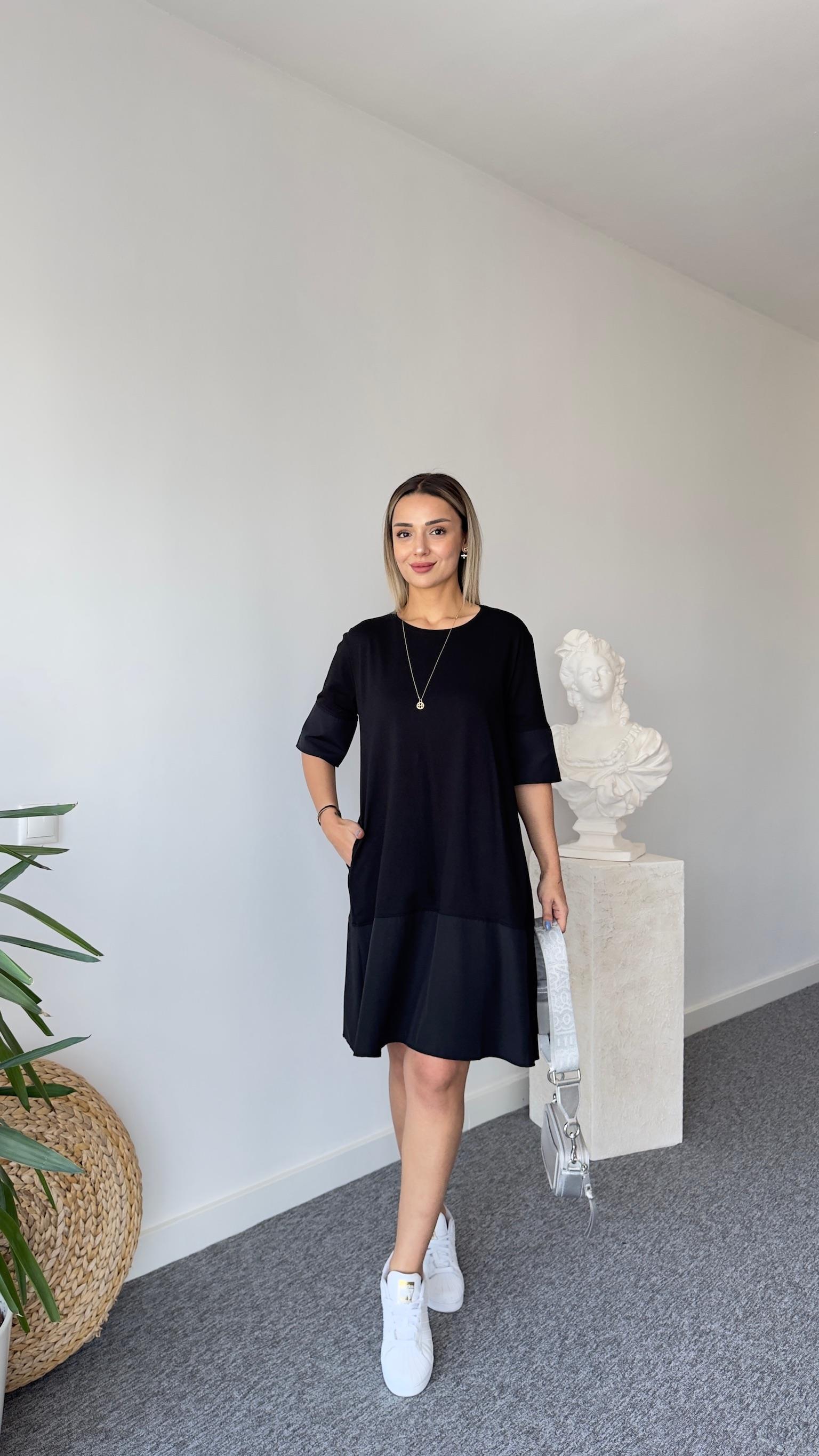 Rope Poplin Detaylı Siyah Basic Elbise 