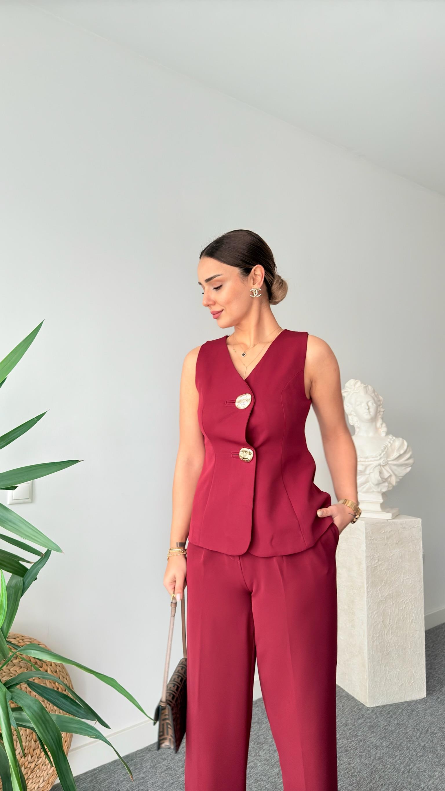 Bordo Vagner Gold Düğme Yelek