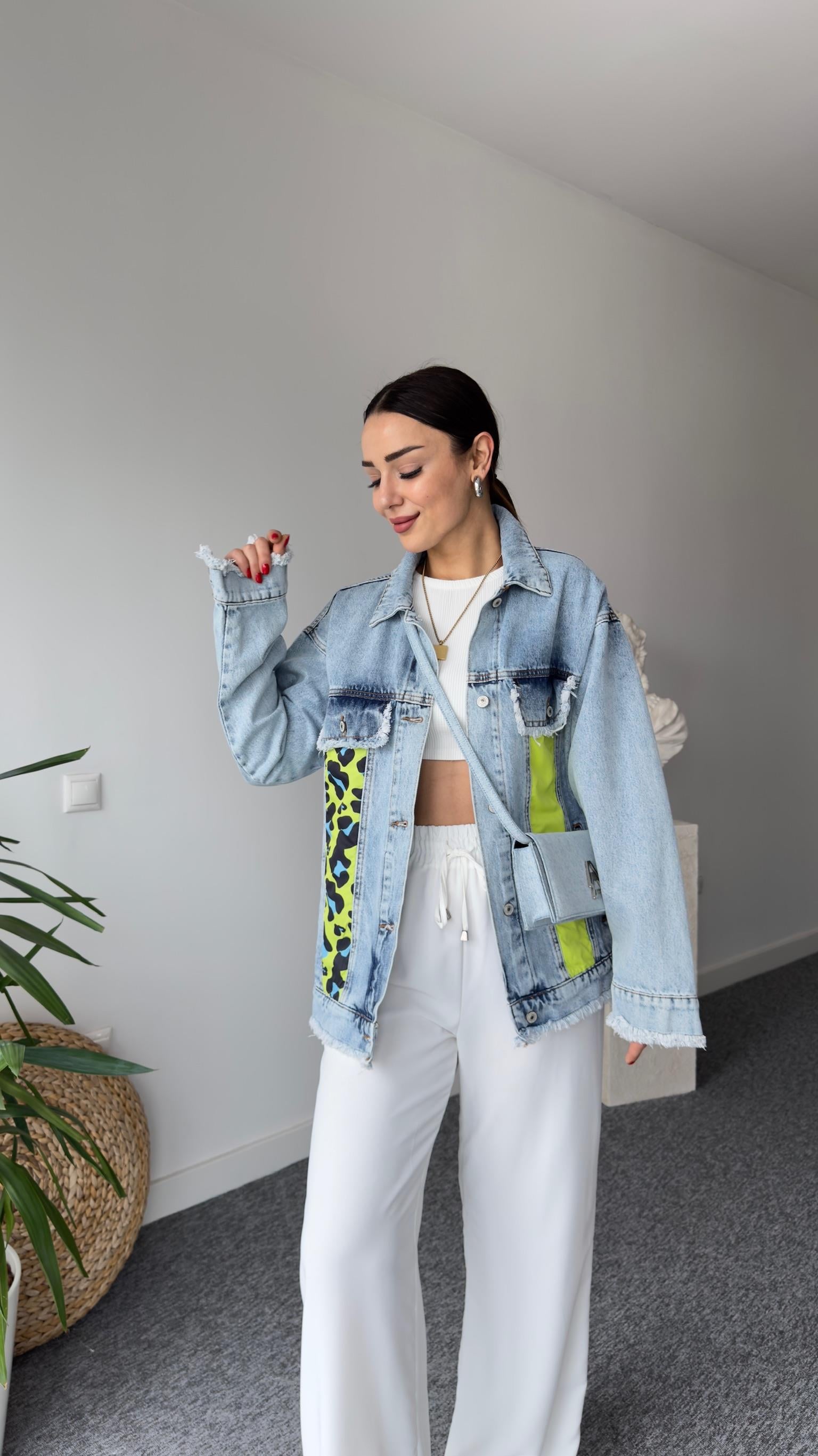 Lera Yeşil Leopar Detaylı Tasarım Jean Ceket