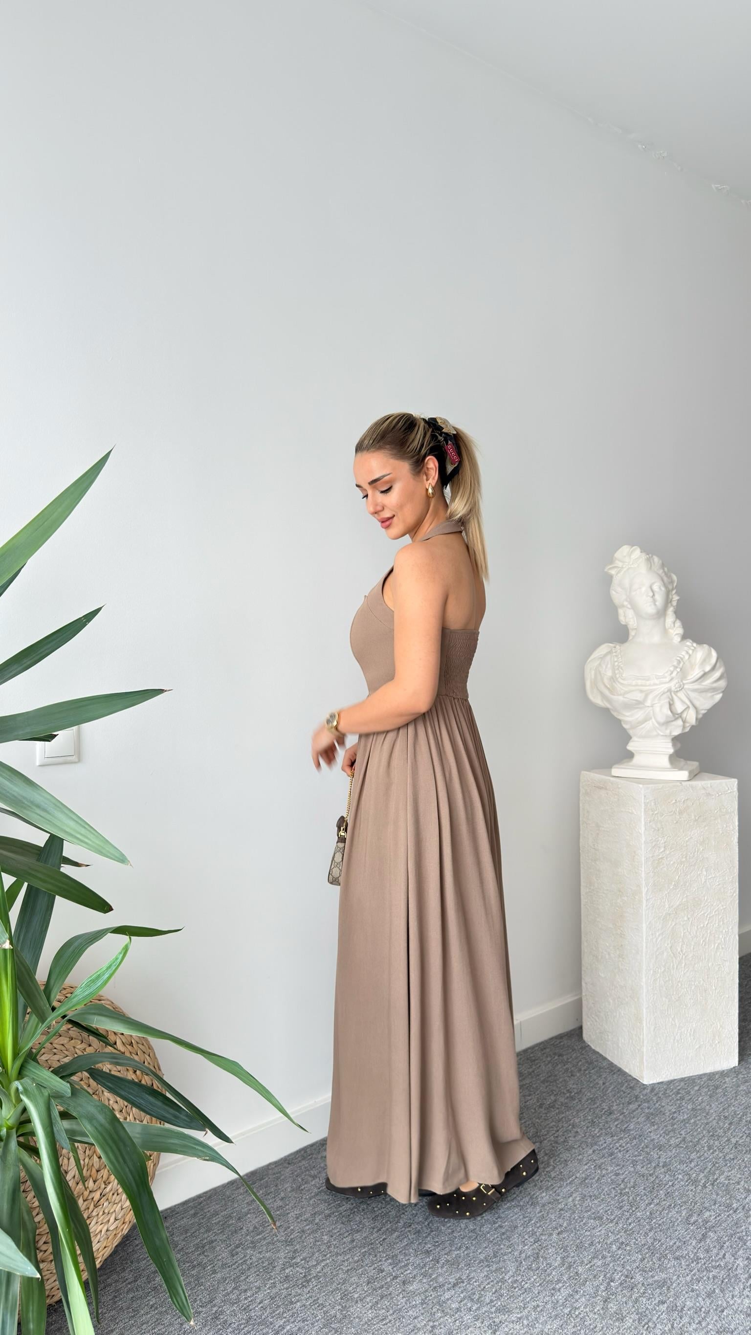 Kahve Baino Premium Keten Elbise 