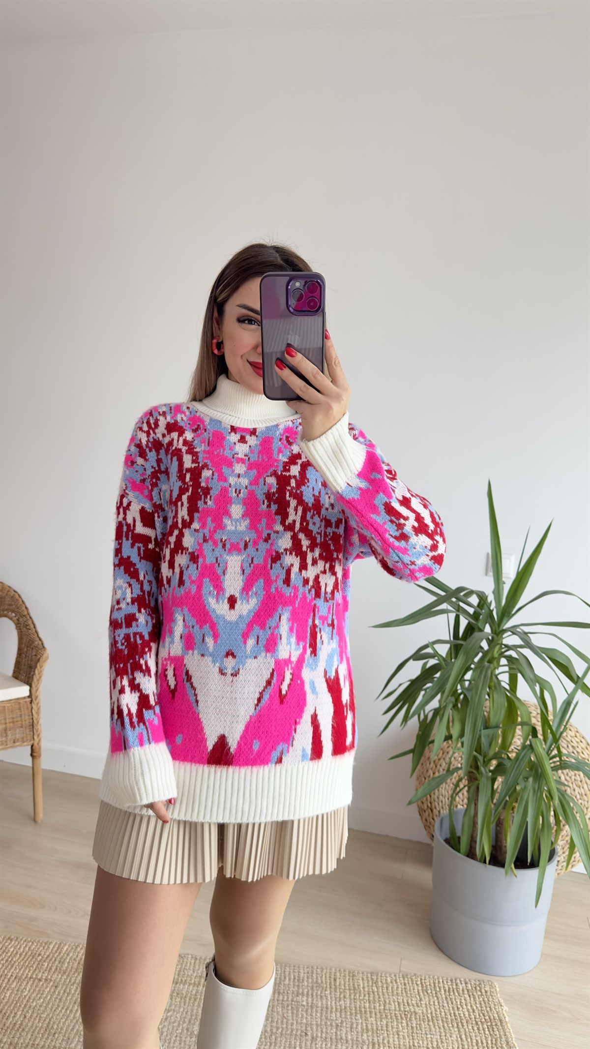 Kırmızı Ebru Desenli Boğazlı Kazak