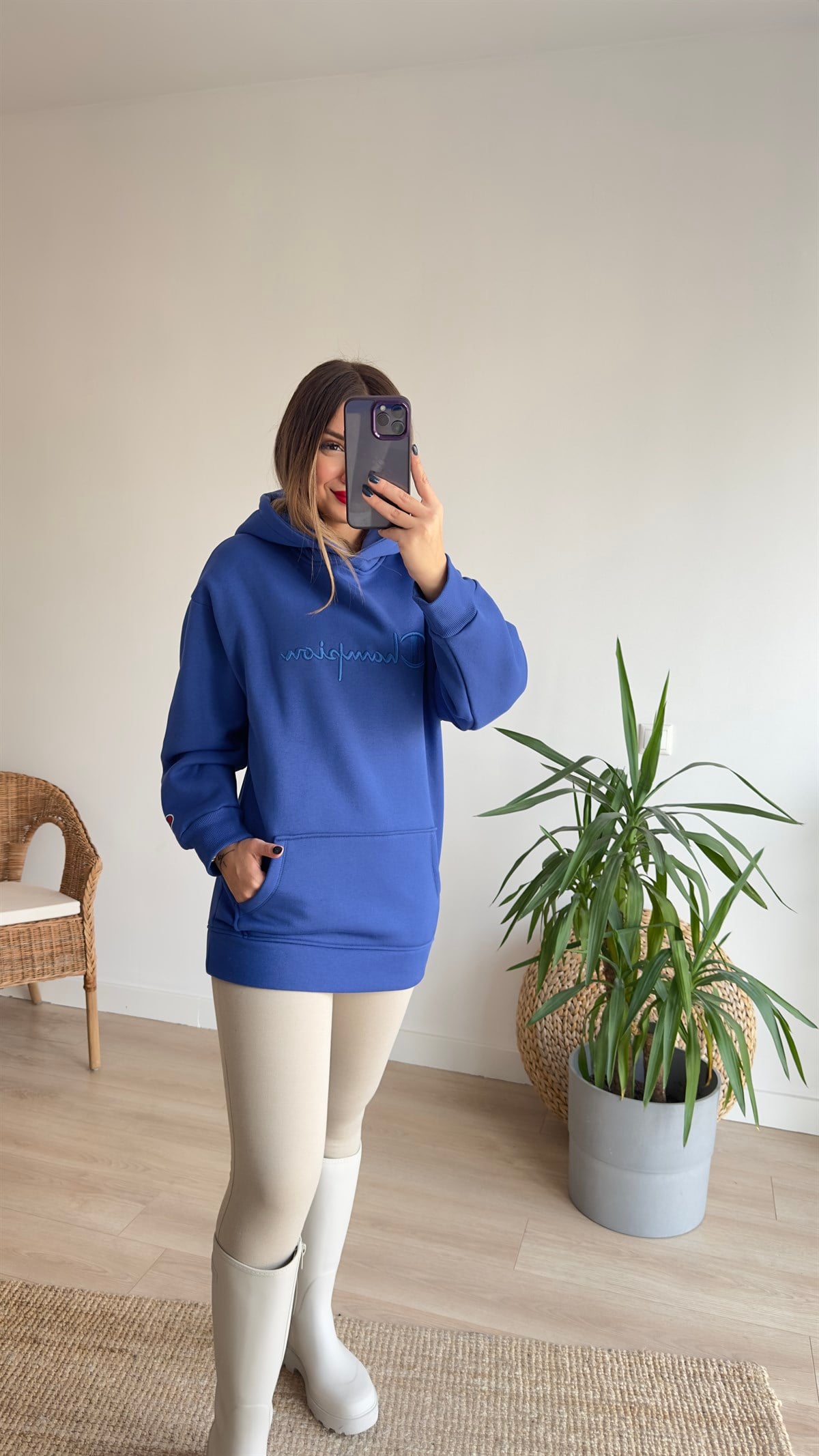 Champion Baskı Mavi Sweatshirt