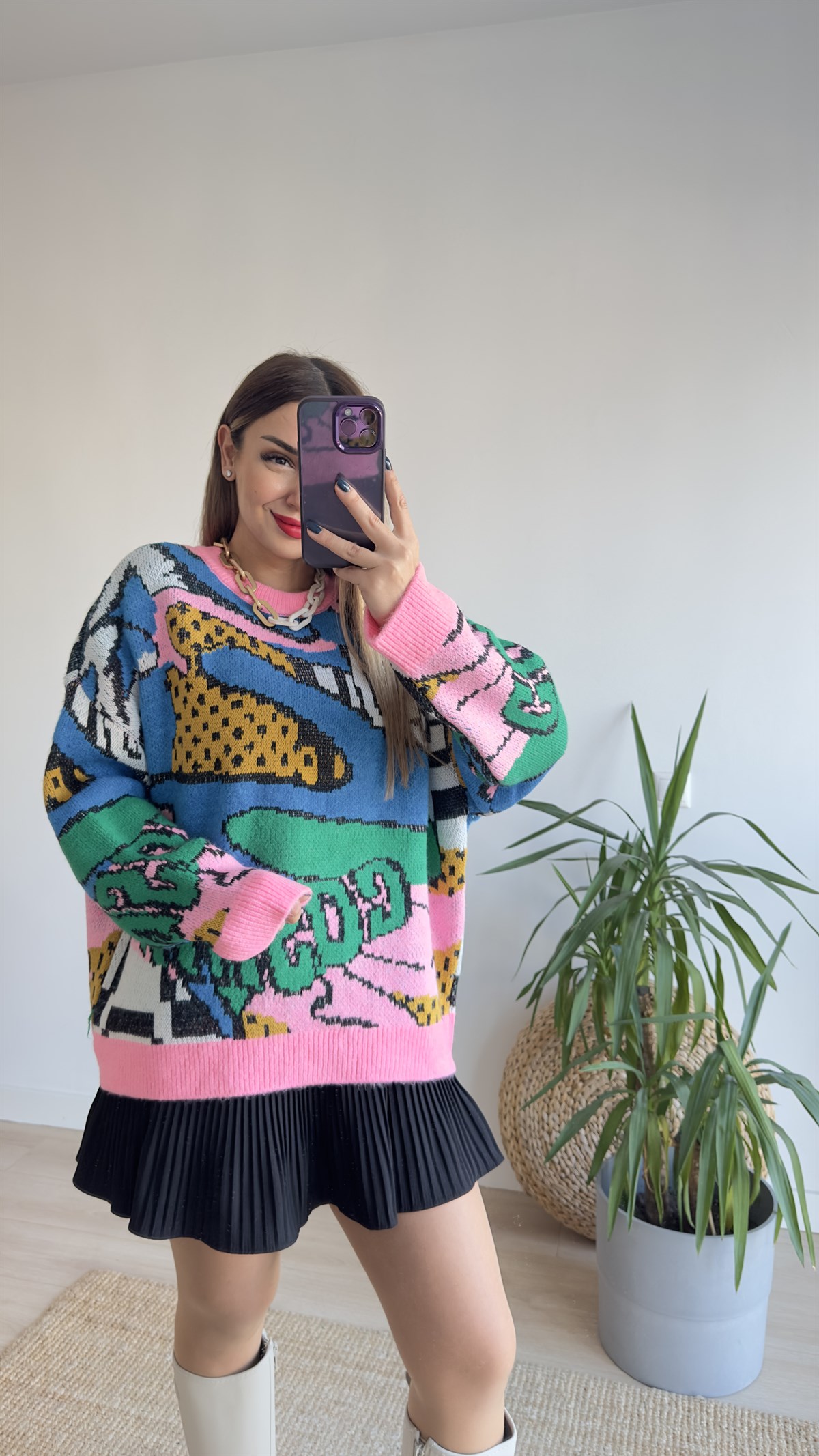 Renkli Desenli Tasarım Pembe Kazak