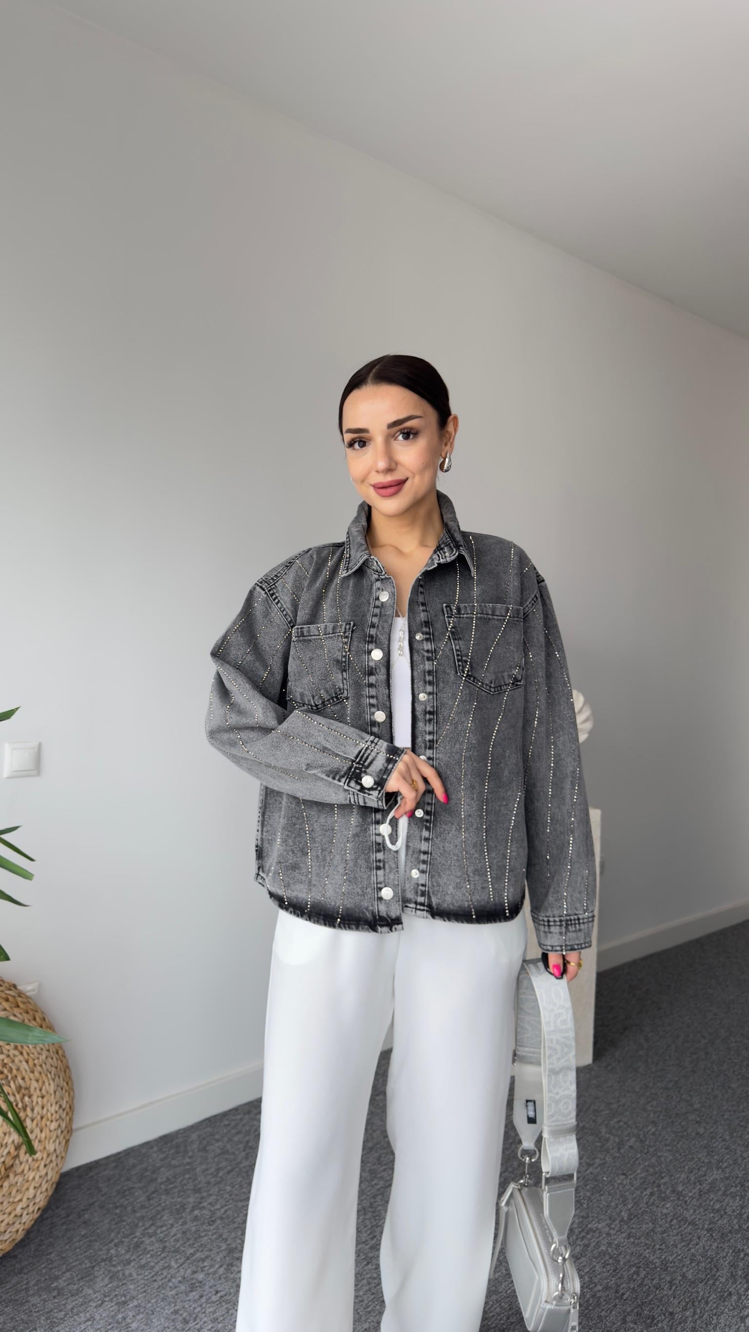 Premıum Taş Detaylı Antrasit Jean Ceket