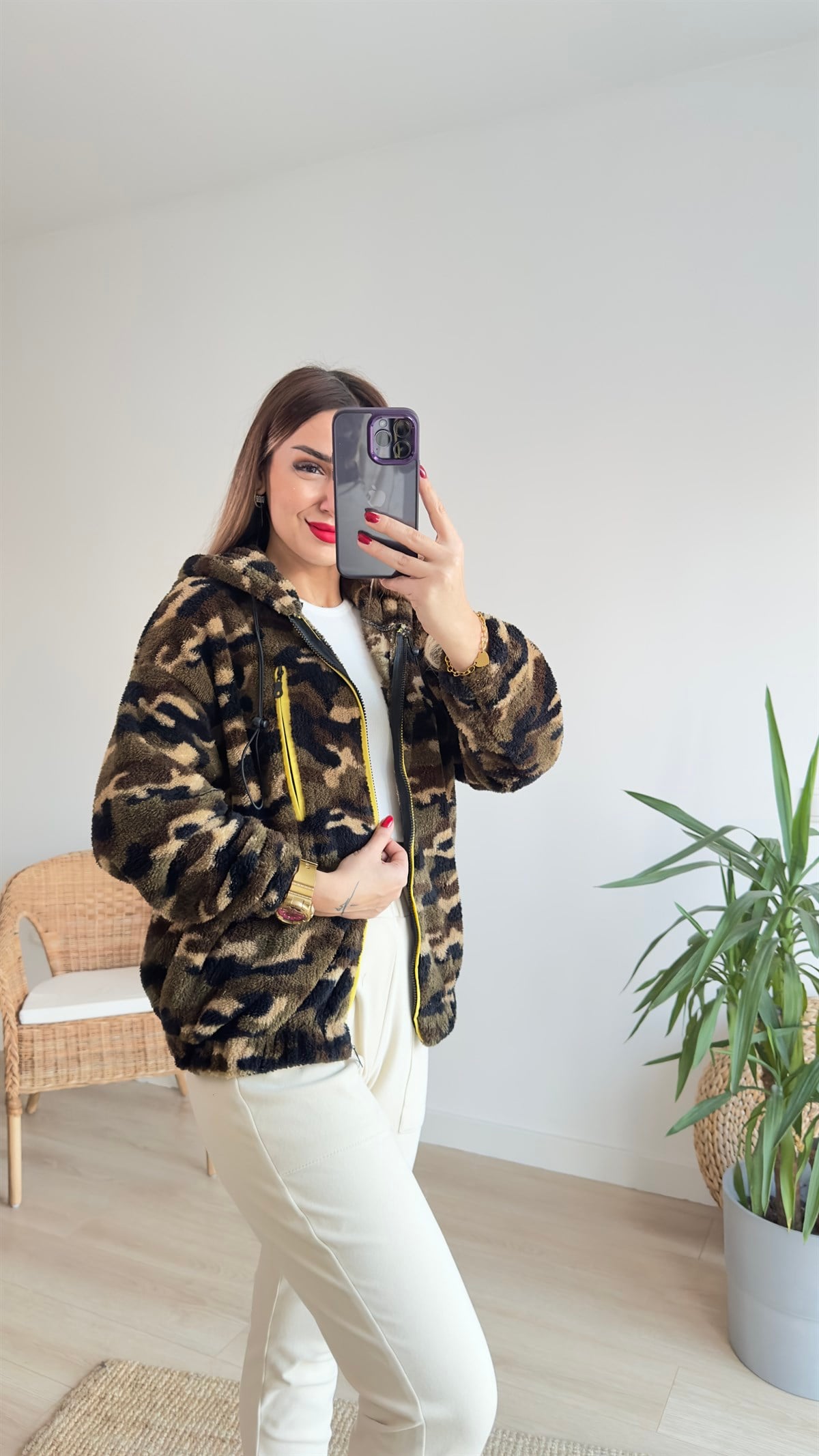 Kamuflaj Desen Peluş Mont 