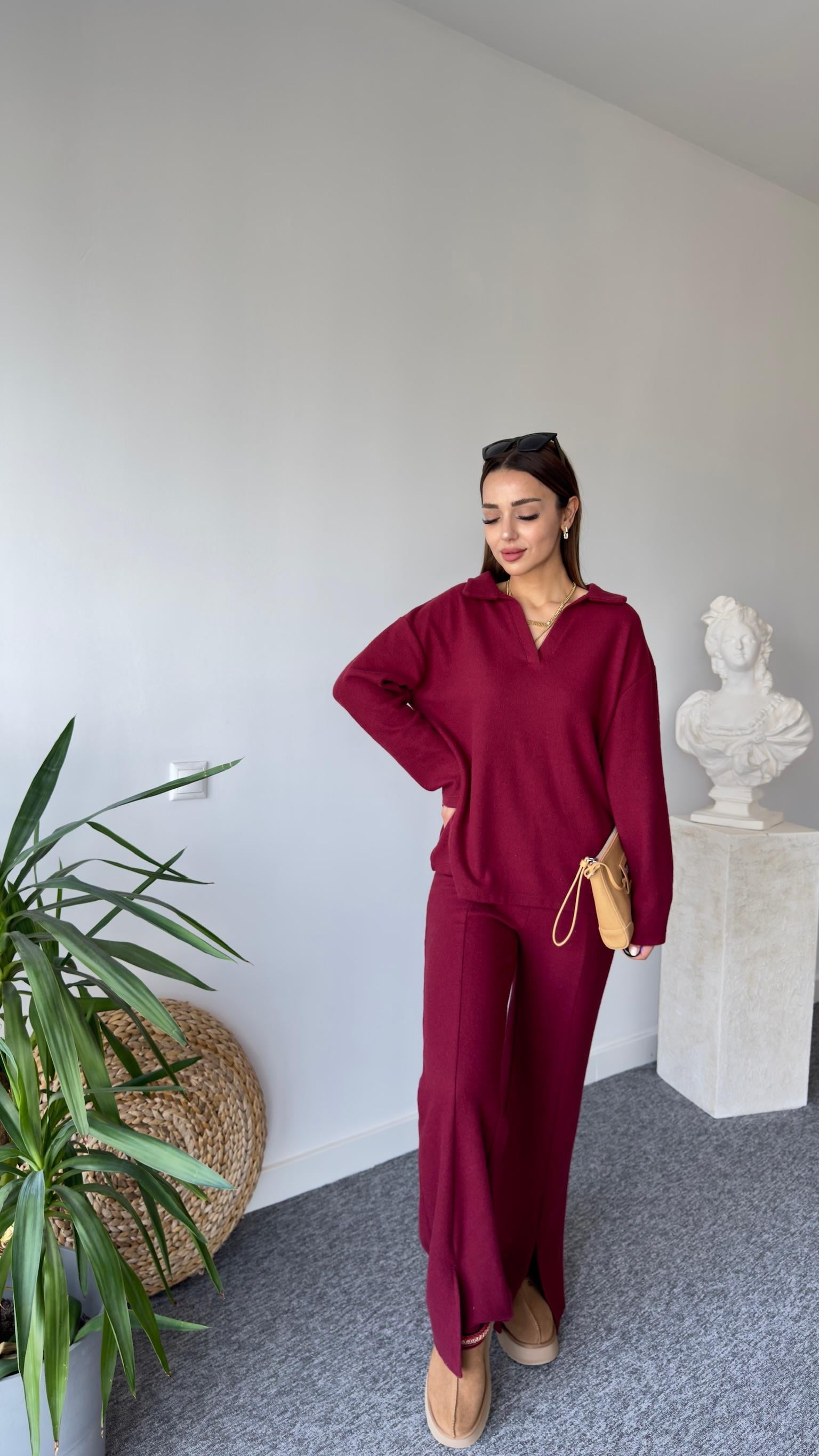 Polo yaka Paça Yırtmaçlı Bordo Takım