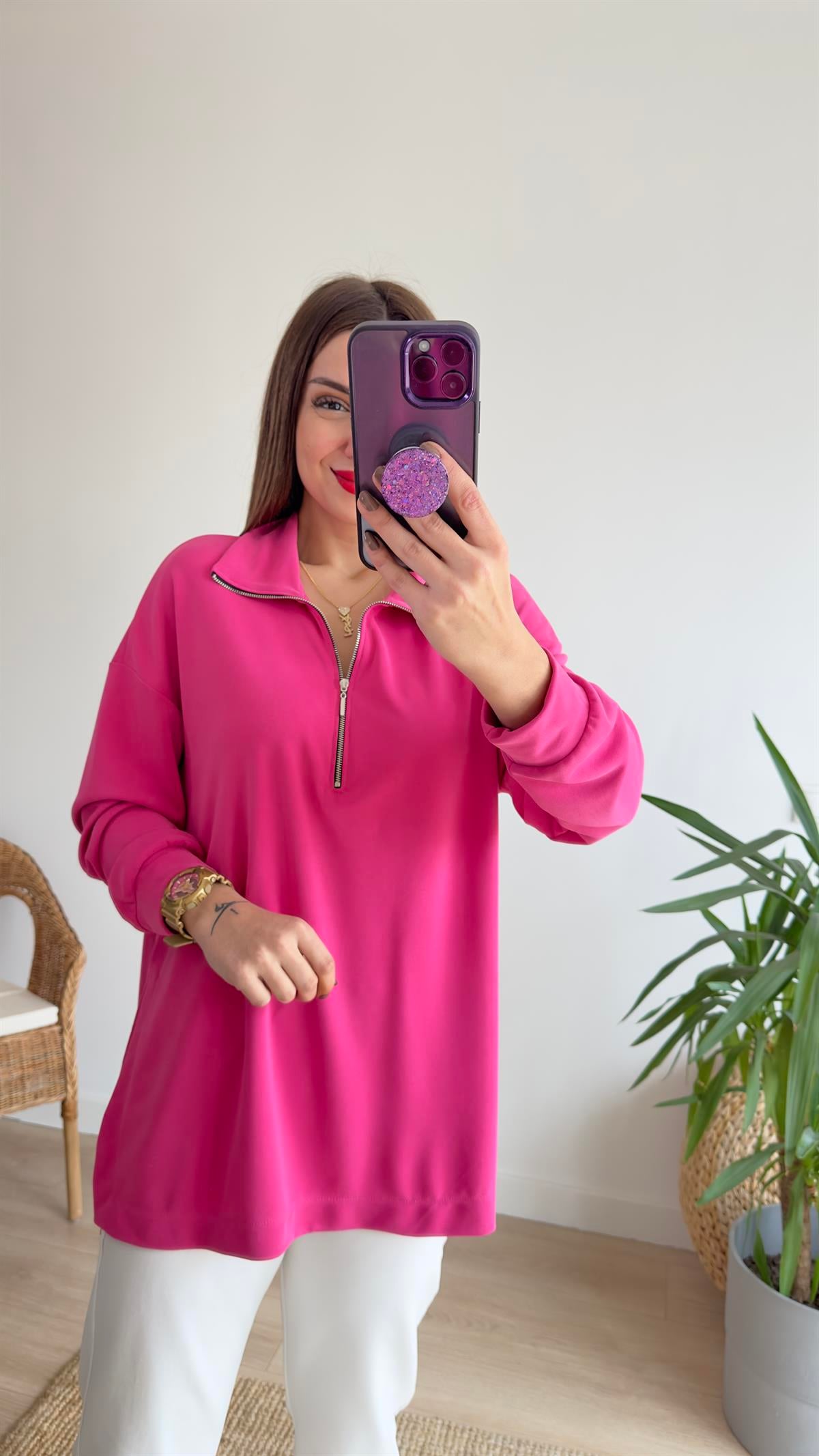 Fuşya Fermuarlı Mevsimlik Modal Sweat