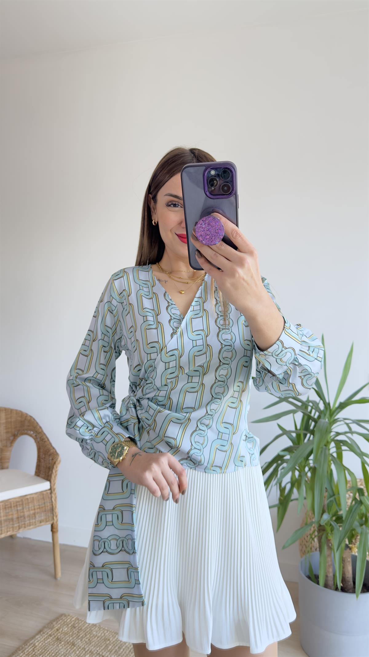 Zincir Baskı Kruvaze Saten Bluz