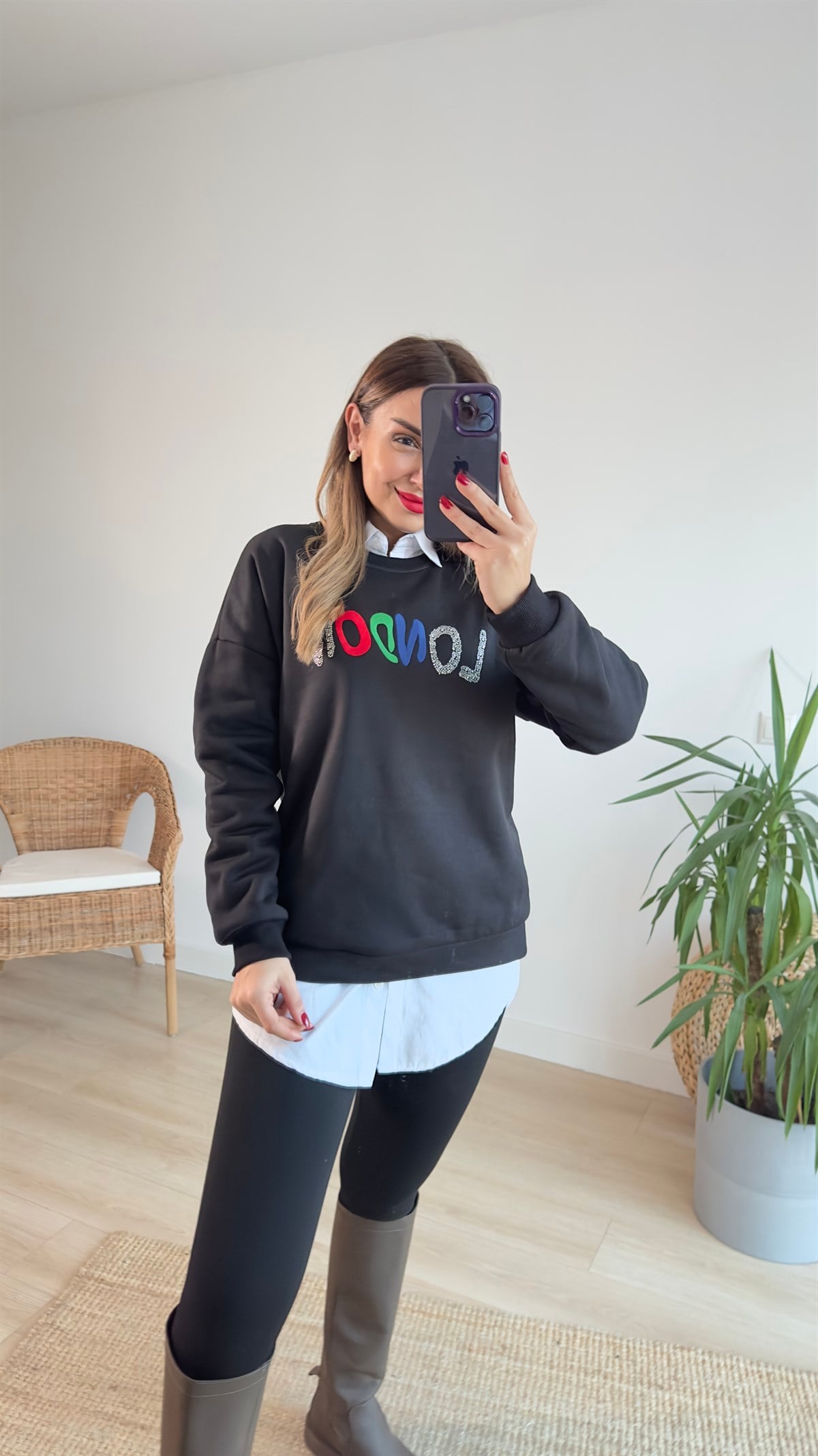 London Baskı Siyah Sweat