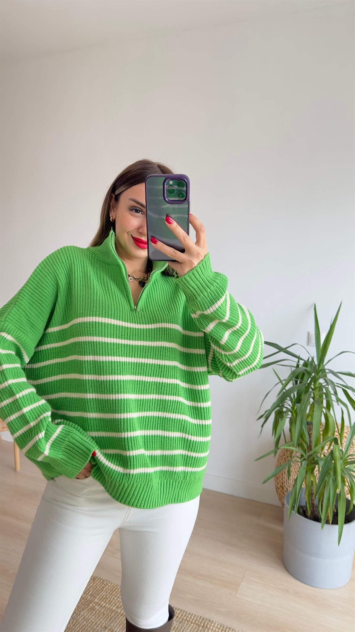 Çizgili Yeşil Fermuarlı Kazak