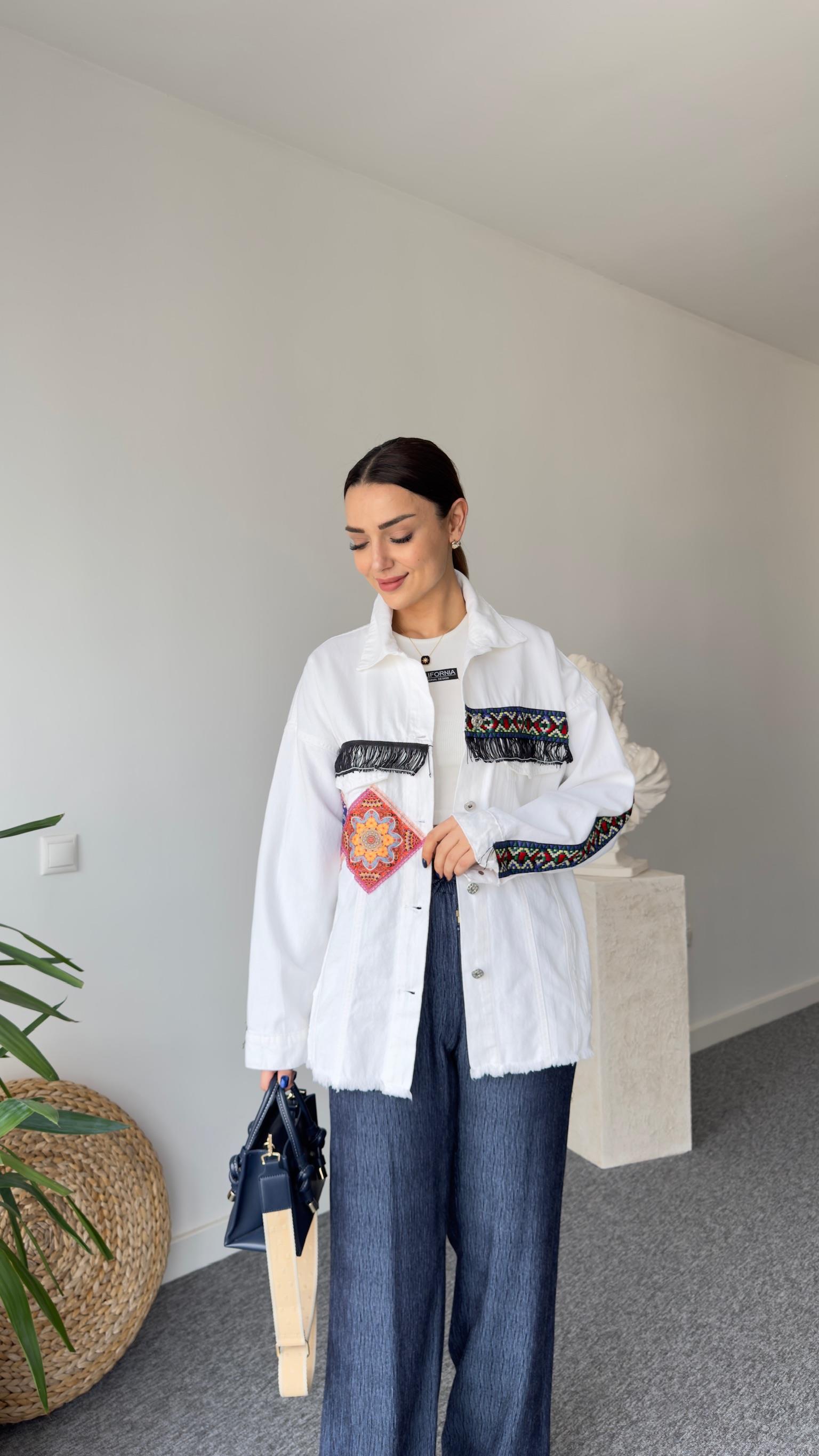 Patchwork Beyaz Jean Ceket