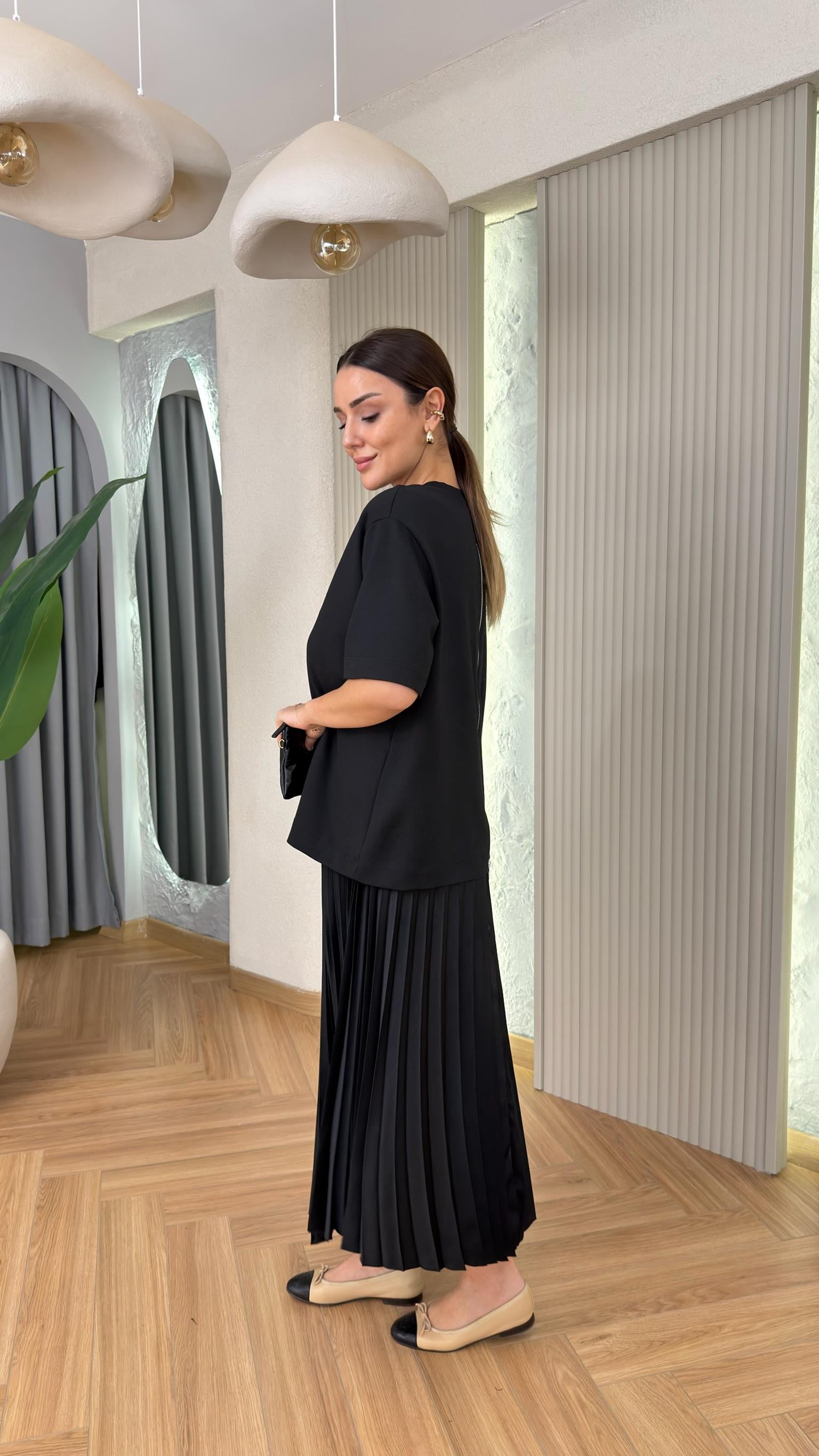Jovle Tshirt Detaylı Piliseli İkili Elbise 