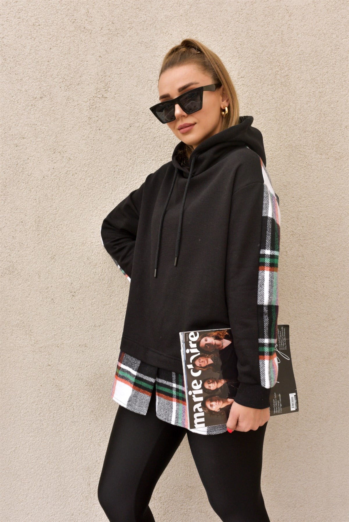 Ekose Garnili Siyah Sweatshirt