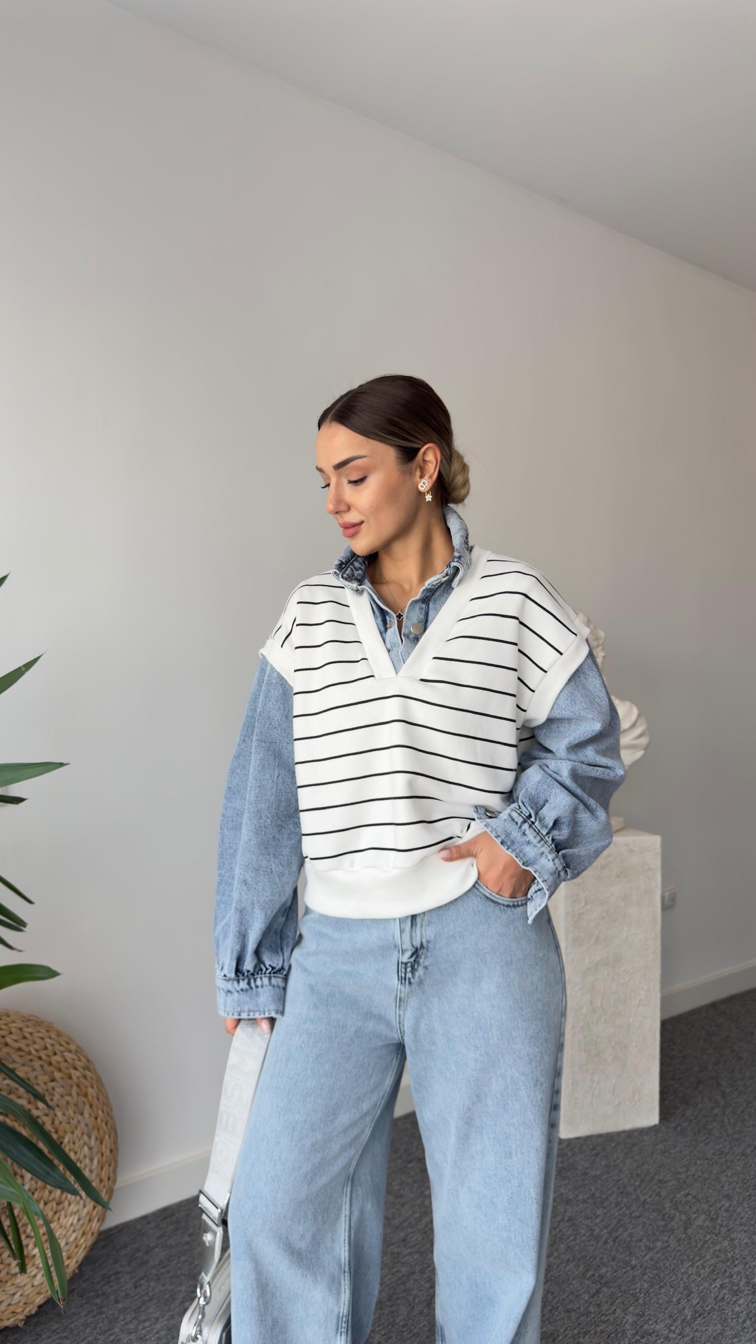Helina Kot Detaylı Çizgili Beyaz Sweatshirt