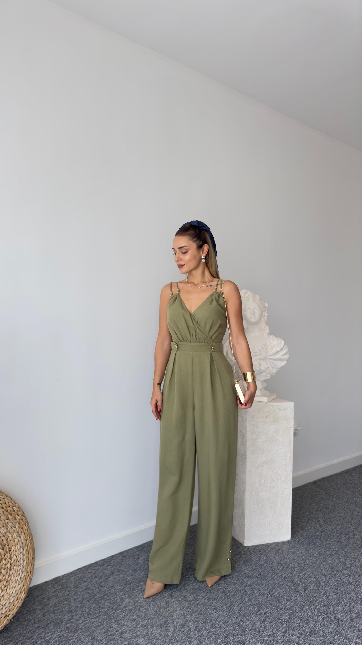 Lıu Gold Detaylı Haki Keten Tulum