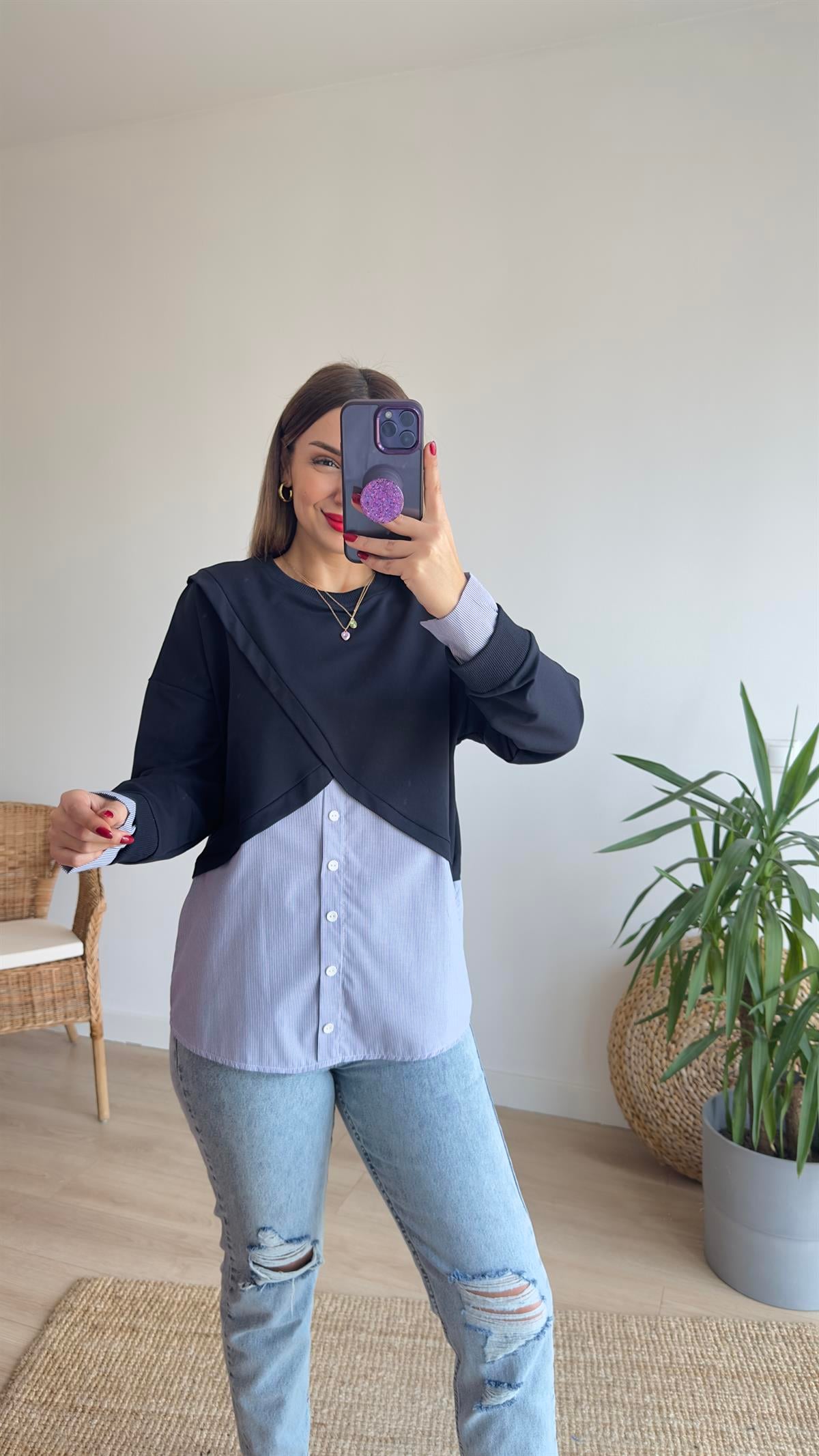 Çapraz Poplin Detay Lacivert Sweat