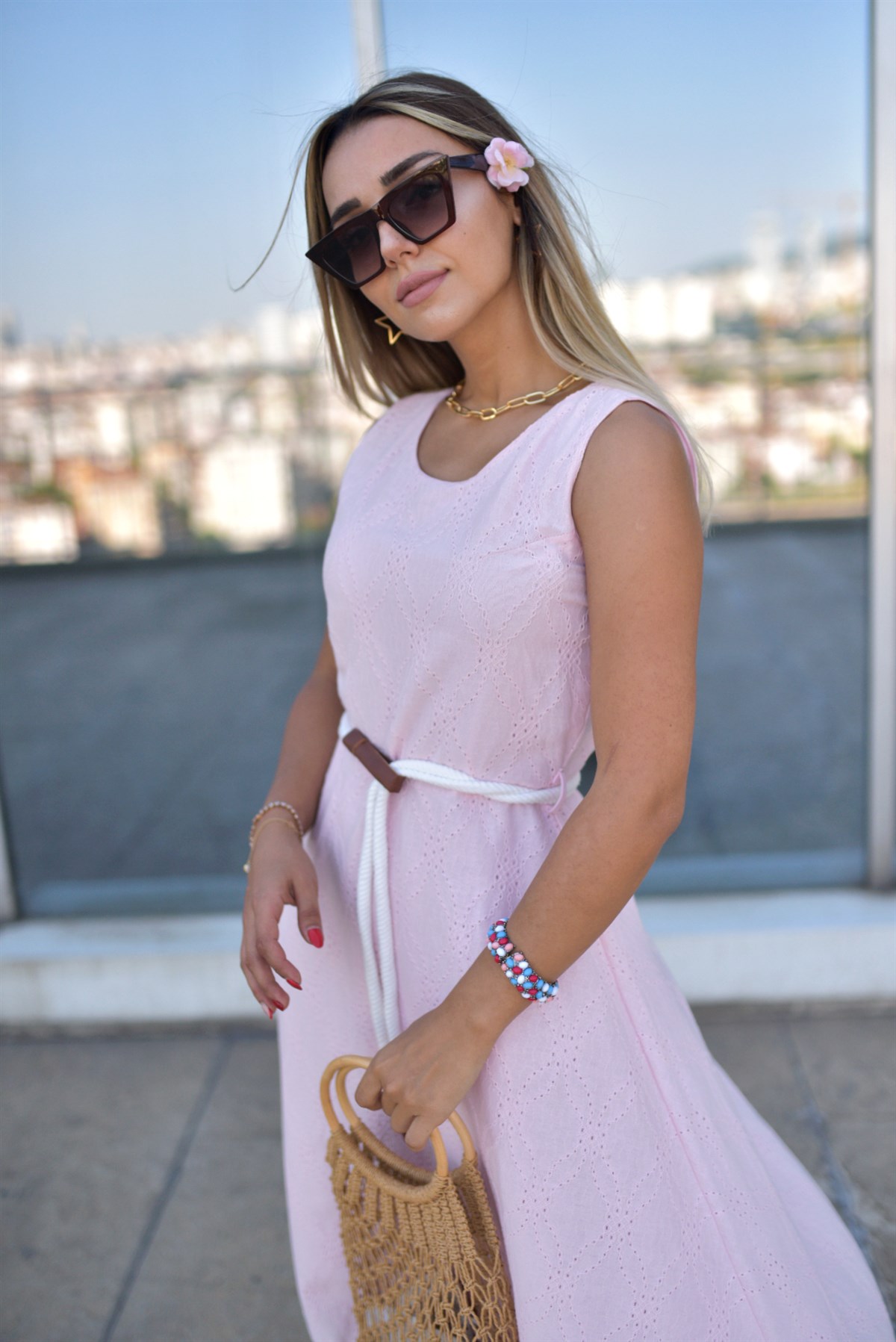 Halat Kemerli Pembe Fisto Elbise