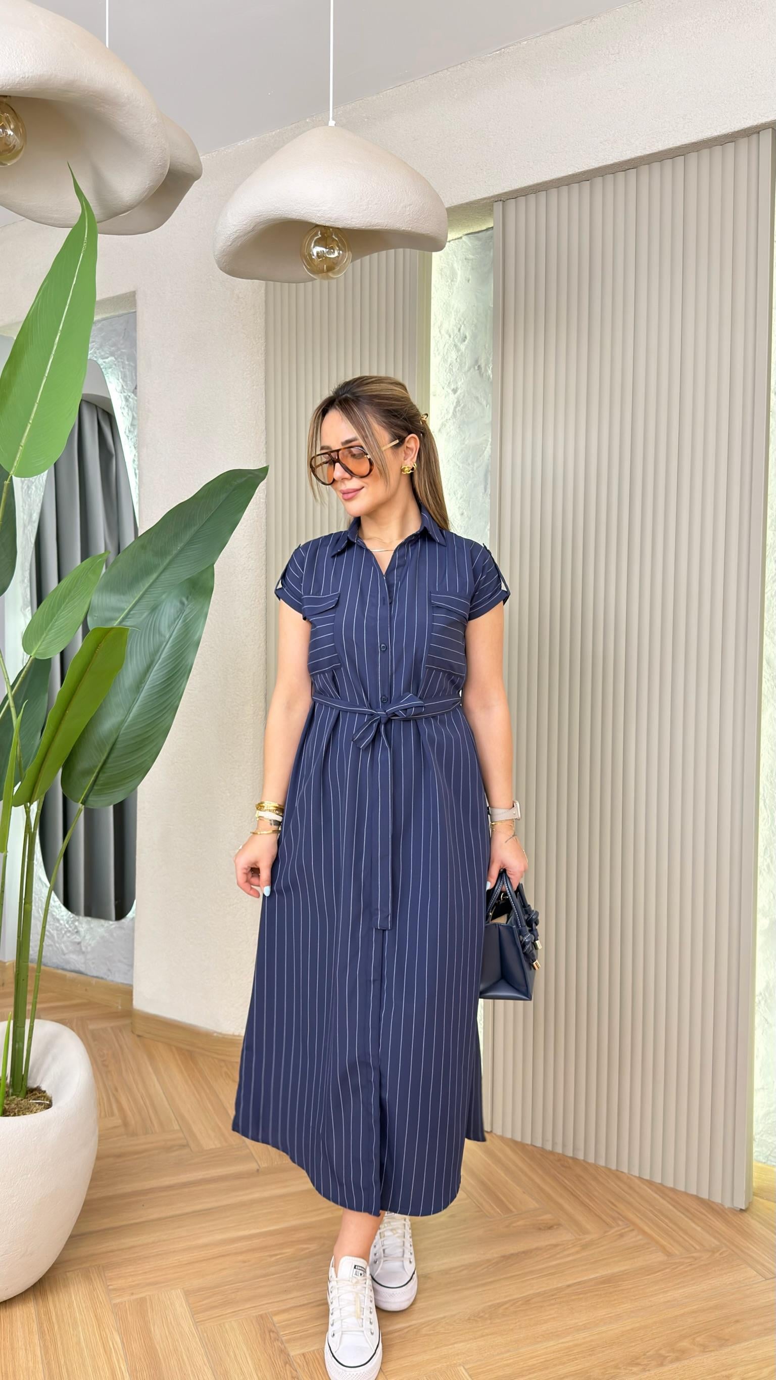 Estali Çizgili Lacivert Elbise 