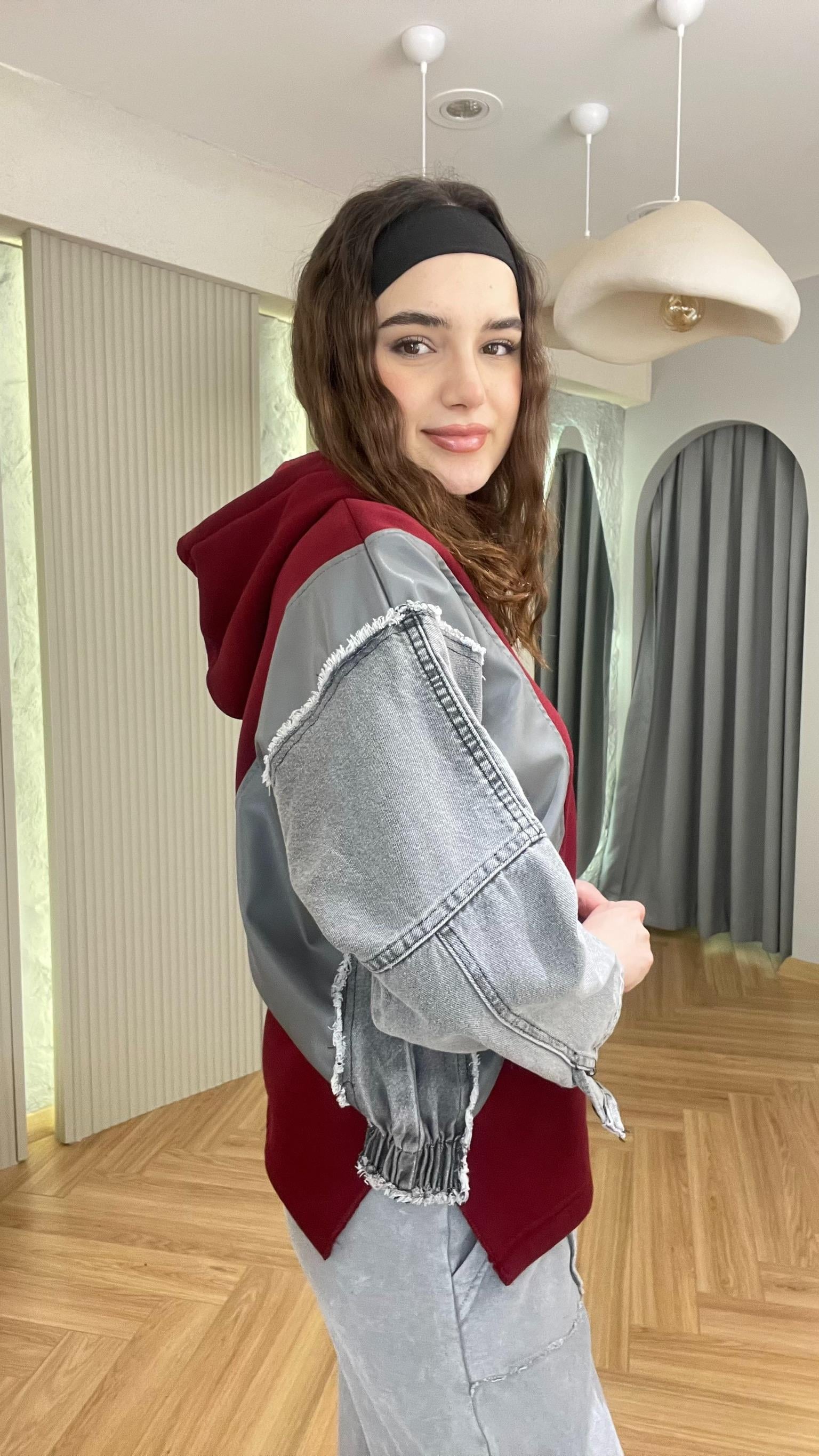 Bordo Kot Ve Deri Garnili Kapüşonlu Sweatshirt