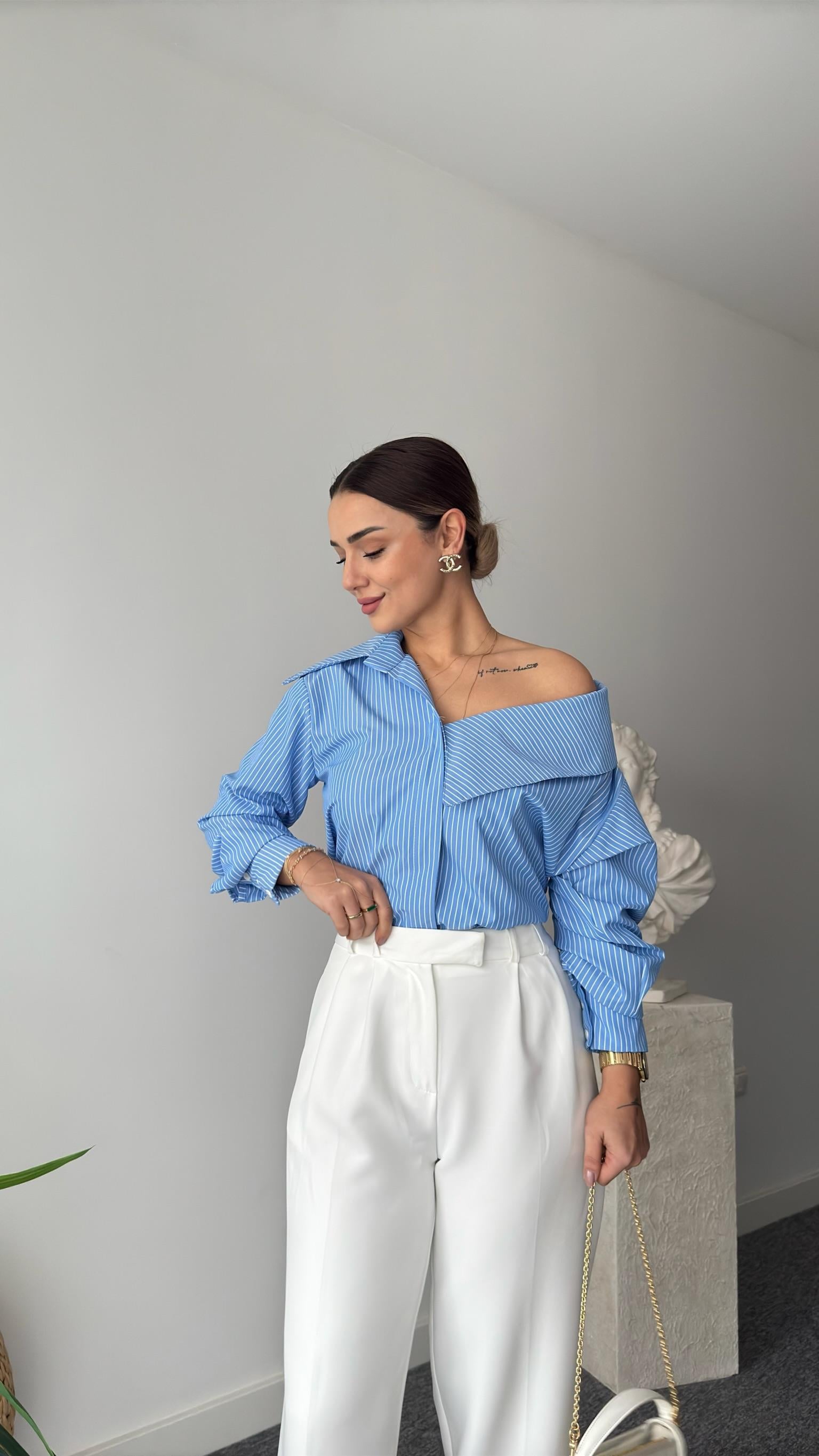 Hilari Düşük Omuz Çizgili Mavi Gömlek