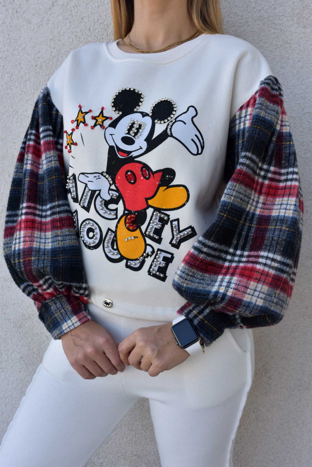 Kolları Ekose Detaylı Ekru Mickey Sweat	