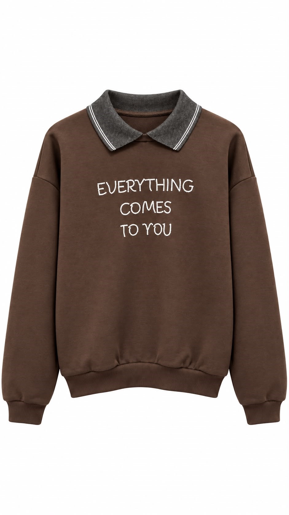 Polo Yaka Yazılı Kahve Sweatshirt