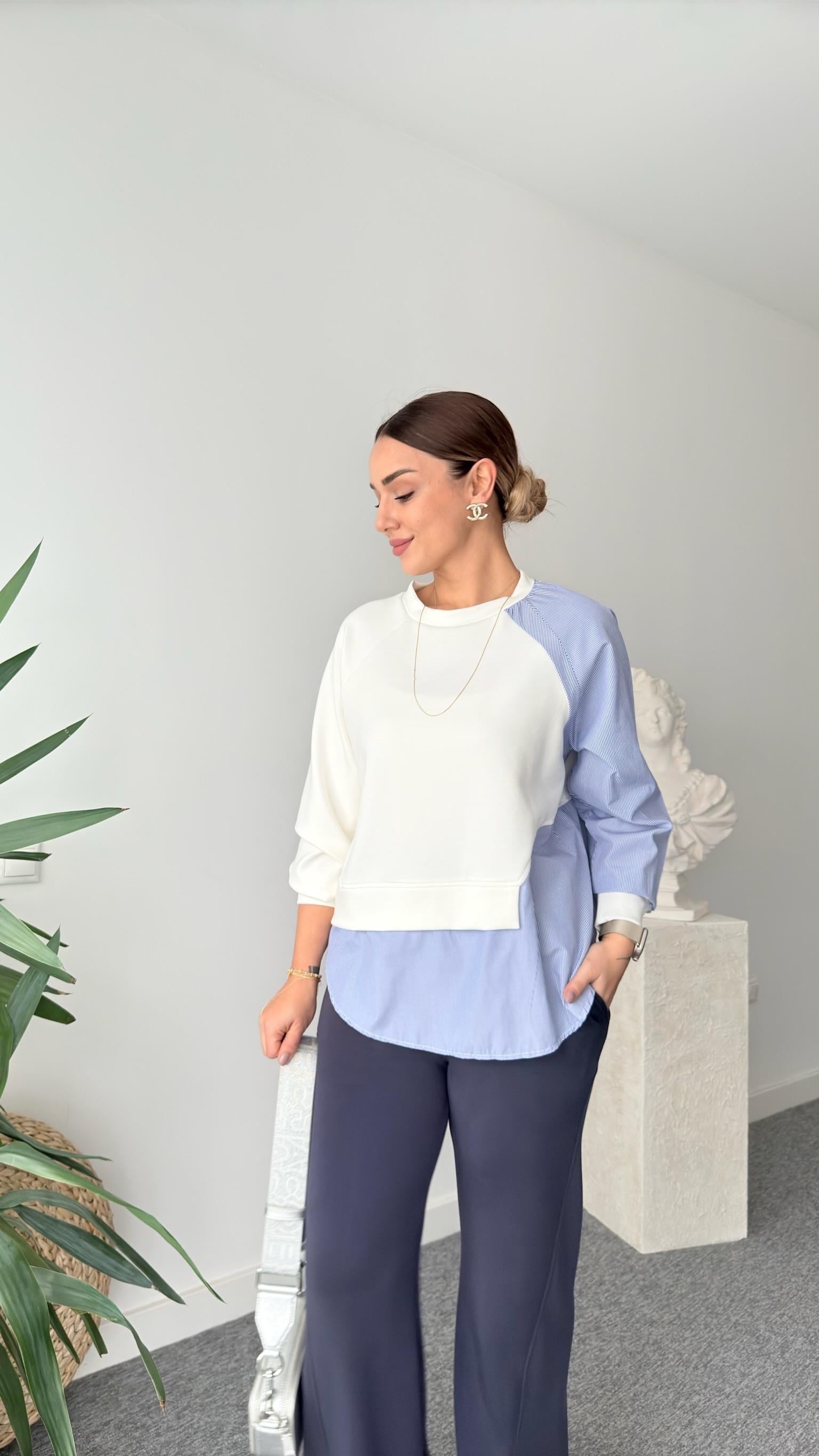 Beyaz Poplin Garnili Modal Sweat