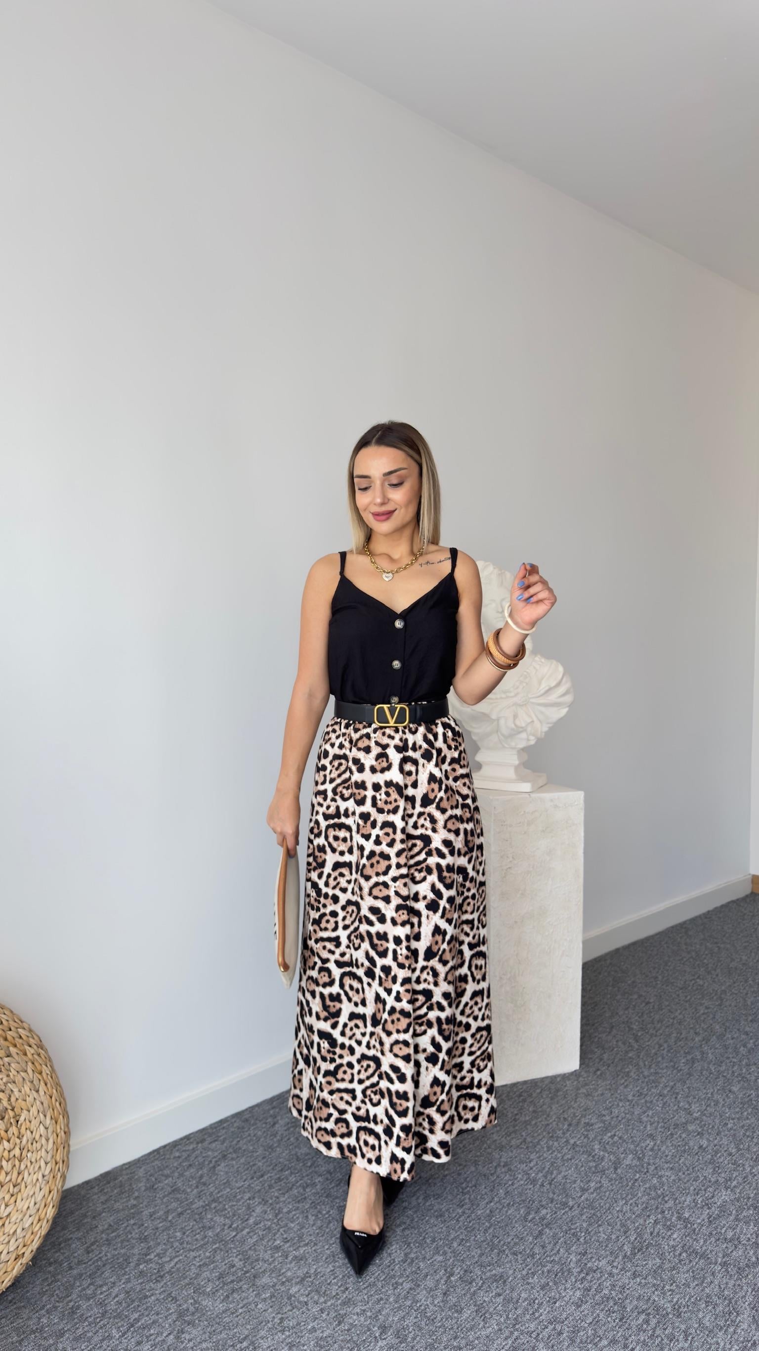 Leopar Desenli Poplin Etek