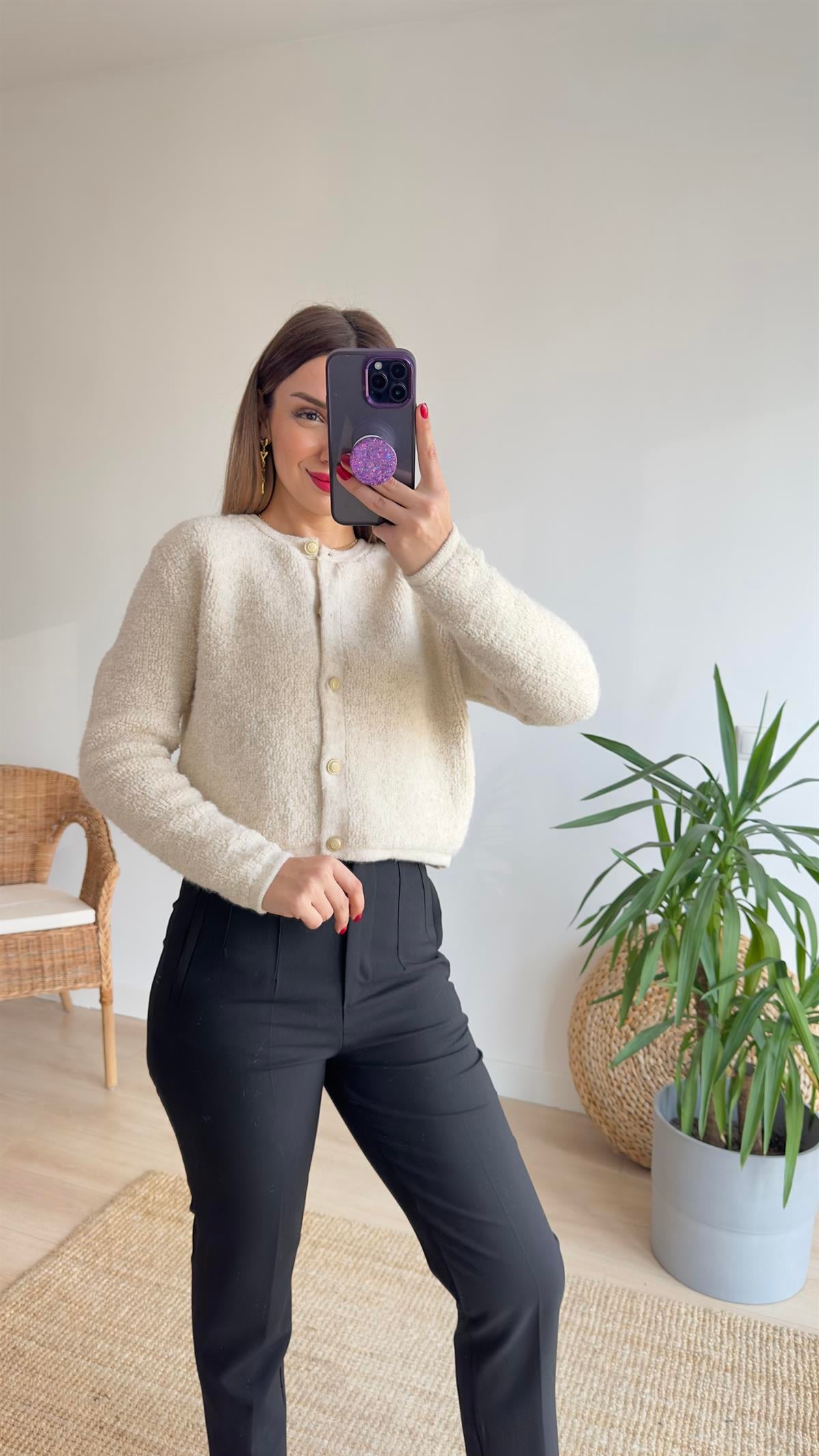 Gold Düğme Ekru Teddy Hırka