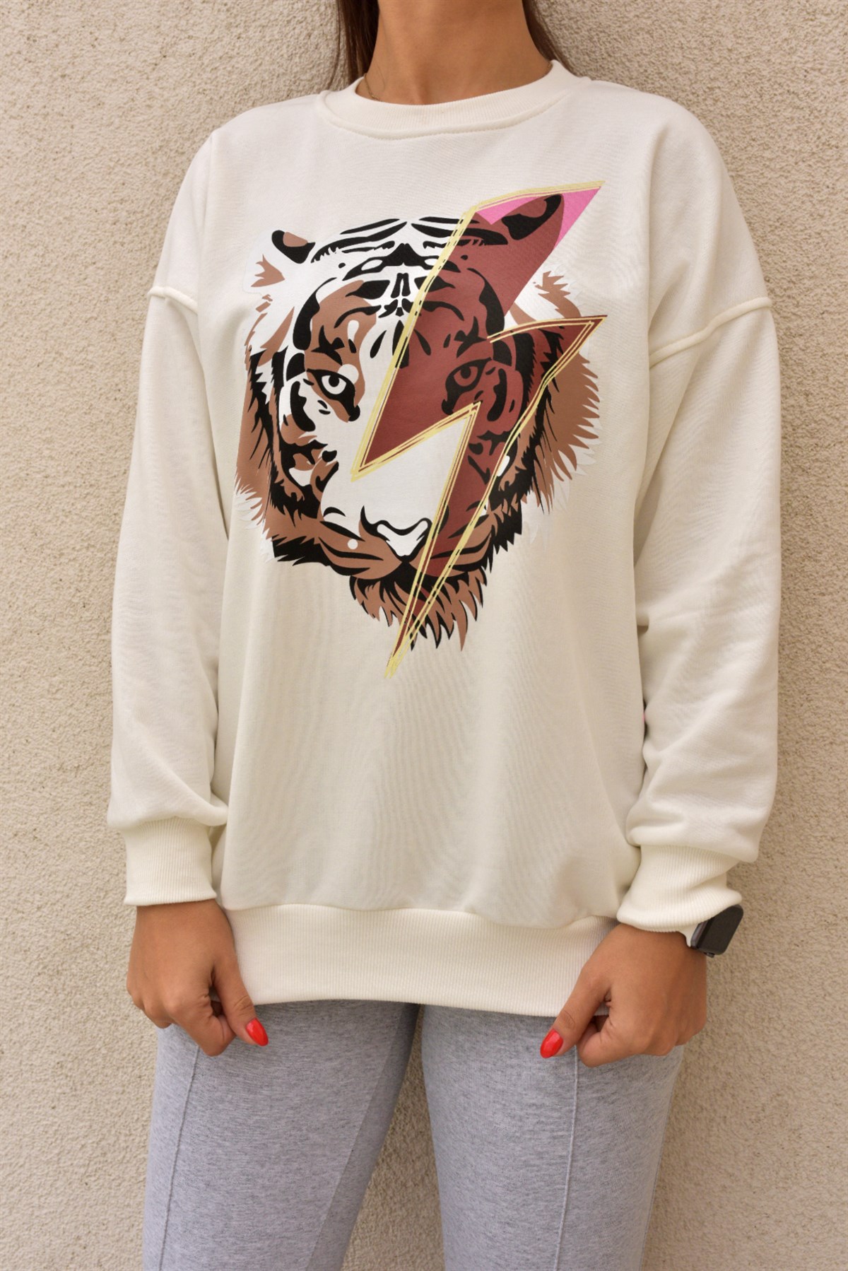 Kaplan Baskılı Ekru Sweat