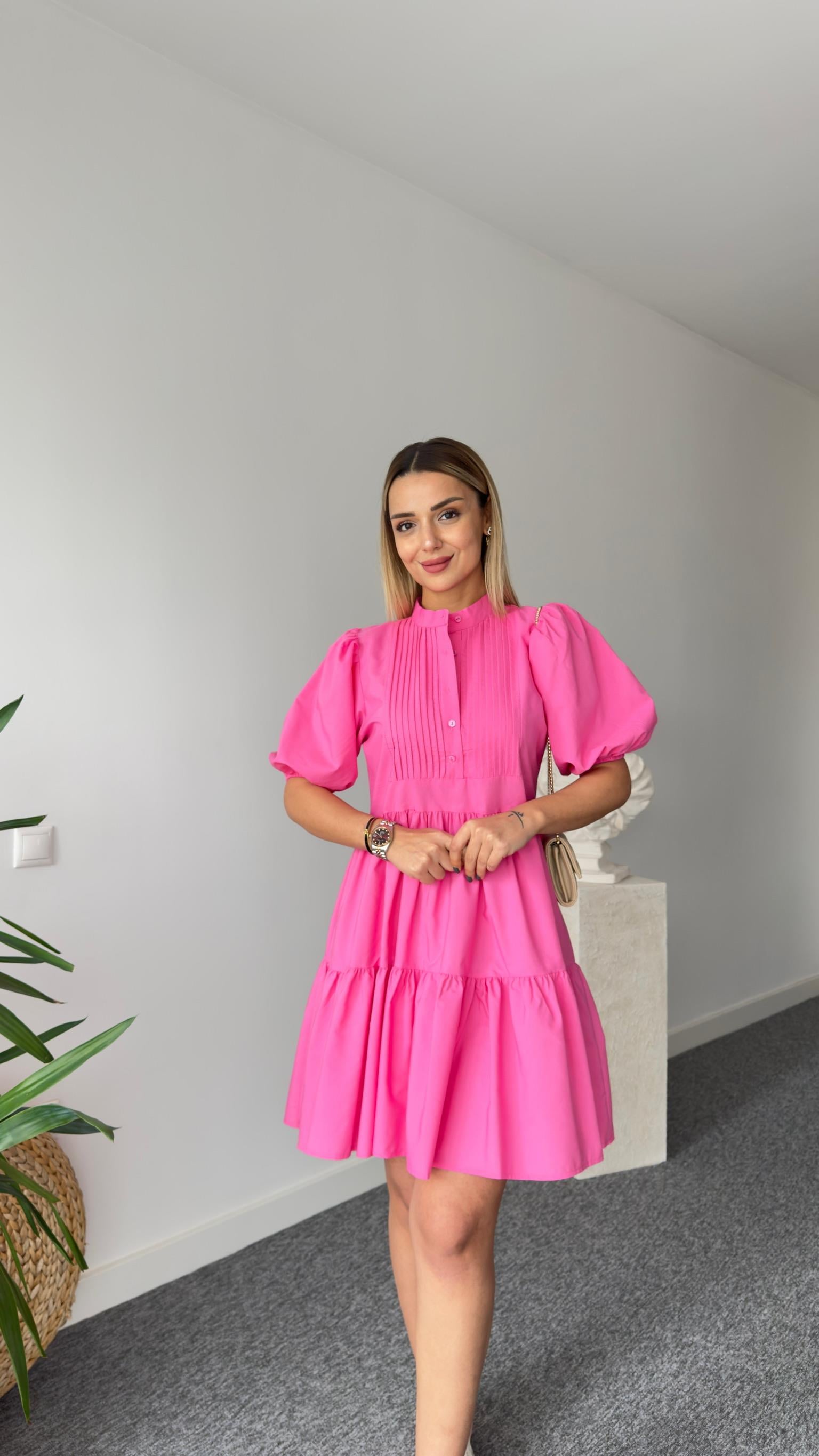 Hakim Yaka Volanlı Pembe Elbise 