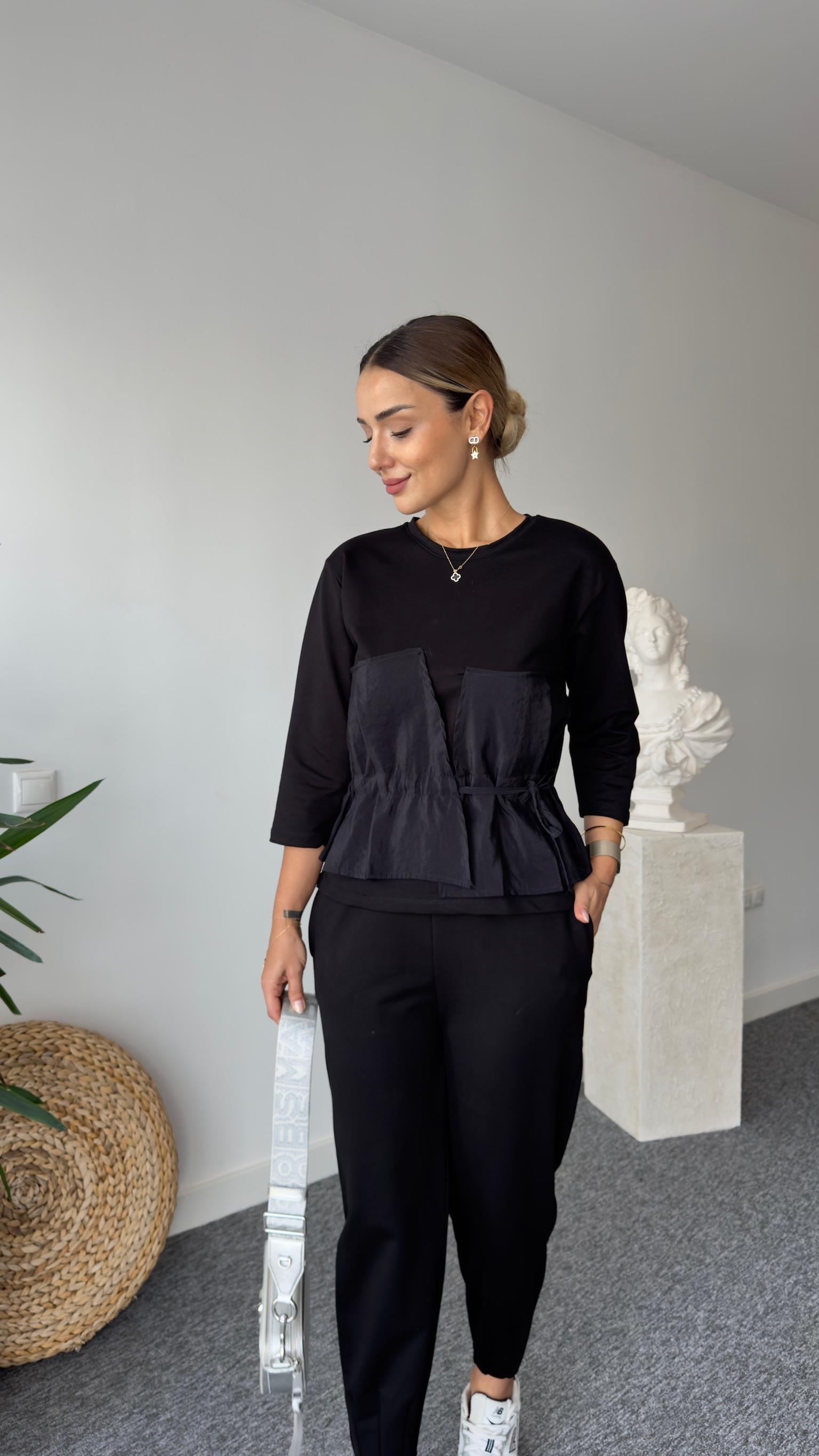 Jade Ön Bağlama Detay Garnili Siyah Sweat