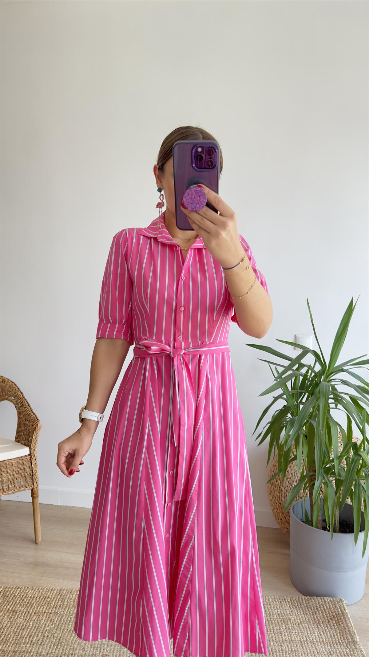 Montes Çizgili Pembe Gömlek Elbise