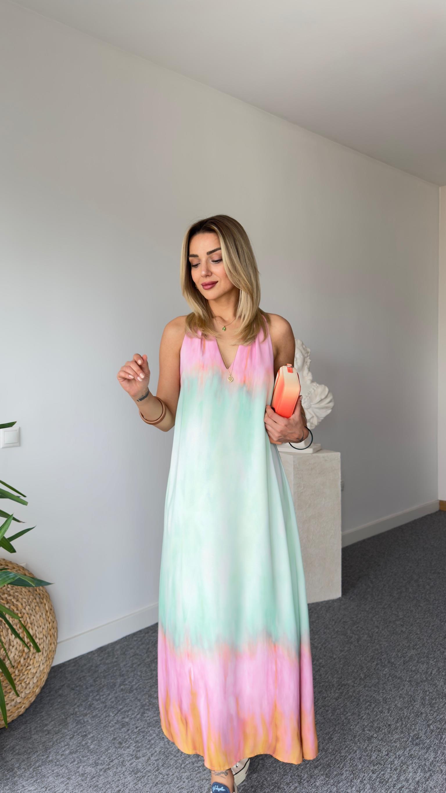 Senta Yeşil Pembe Desenli Elbise 