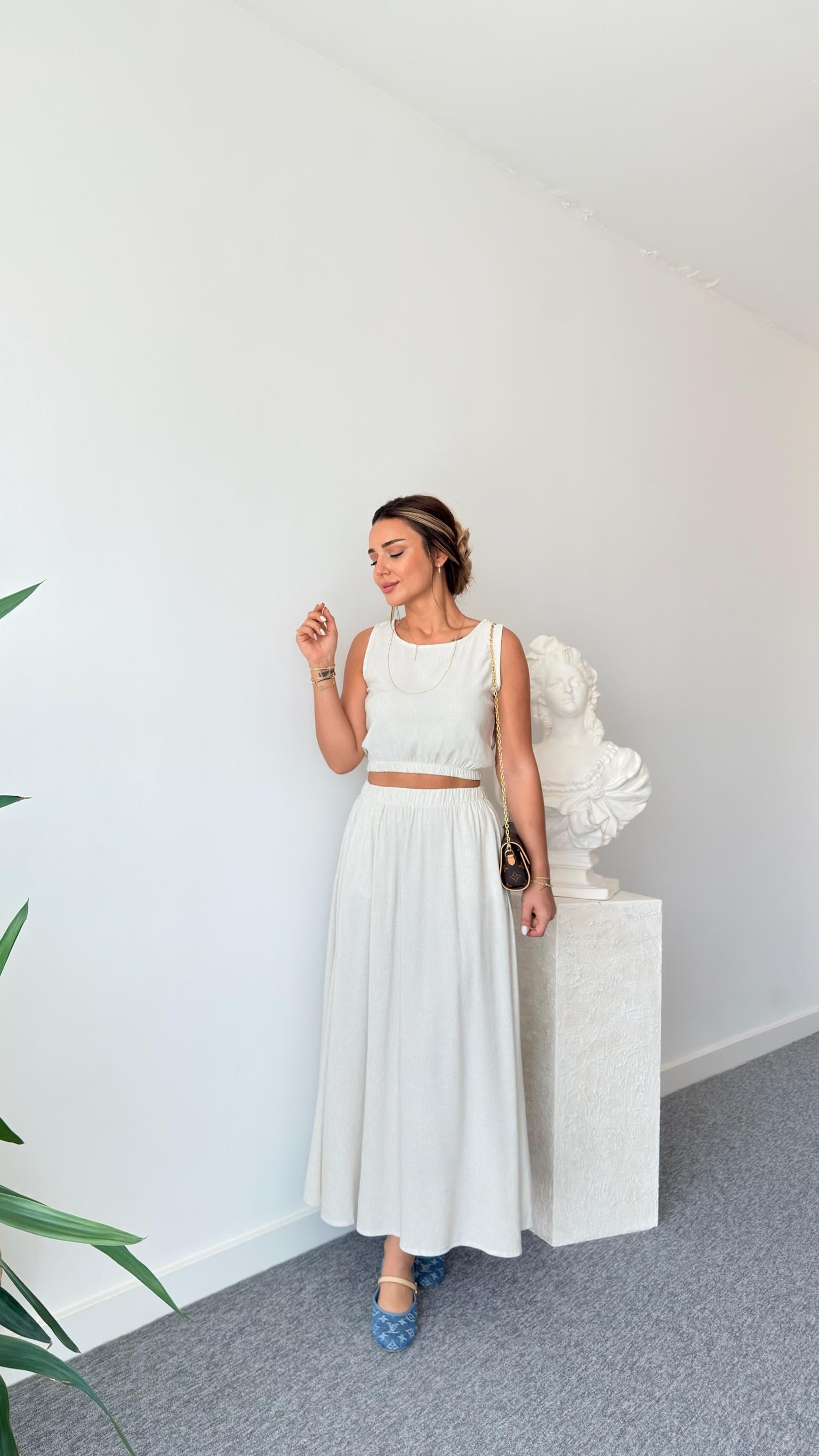 Bej  Keten Etekli Crop Takım