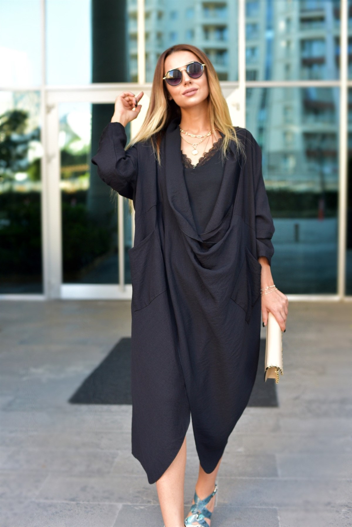 Cepli Oversize Siyah Tunik