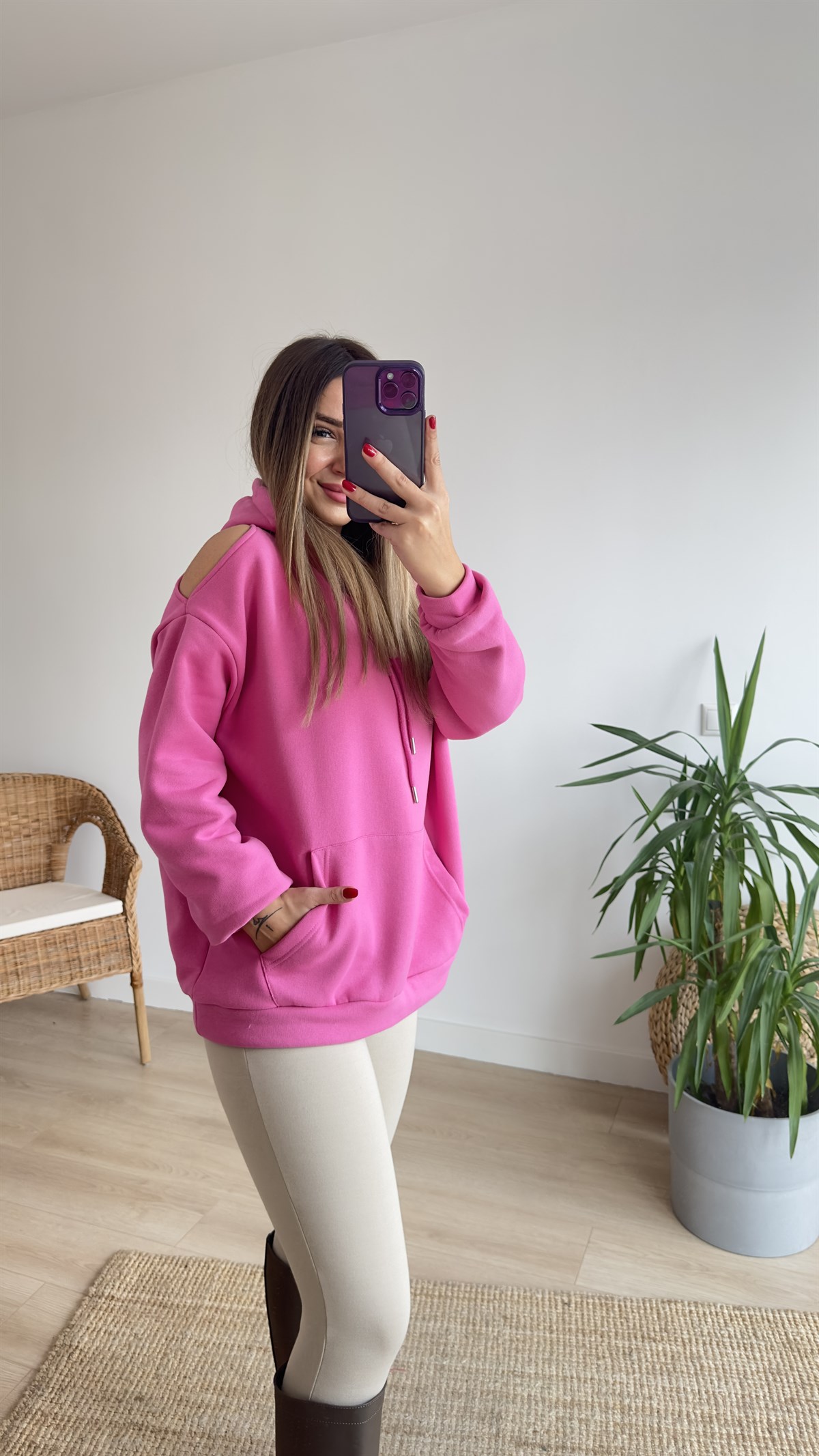 Omuz Pencere Detaylı Pembe Sweat