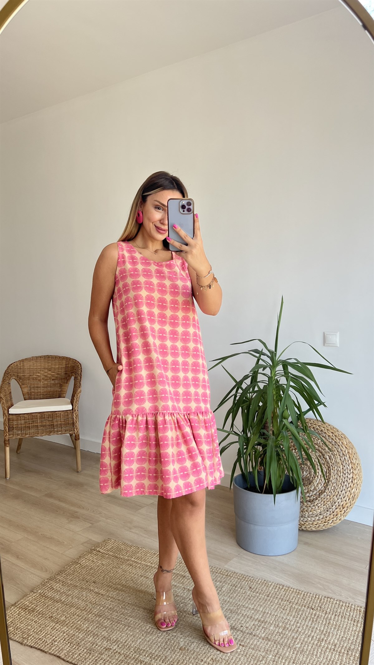 Pembe Desenli Cepli Keten Elbise