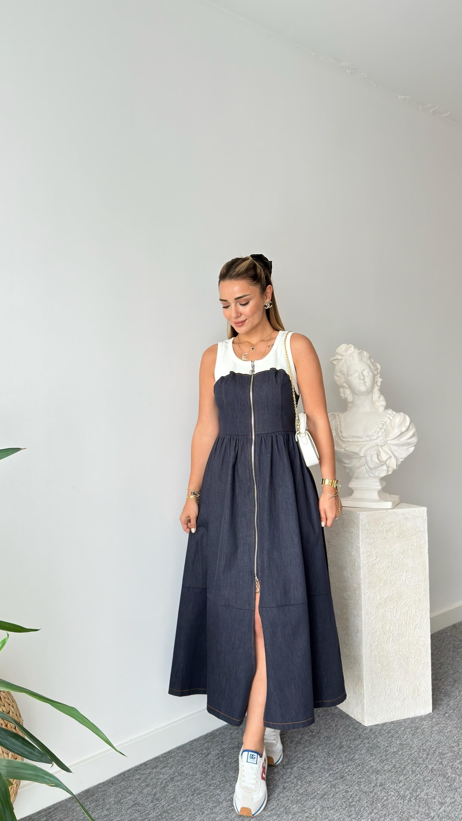 Penye Garni Mix Fermuarlı Jean Elbise 